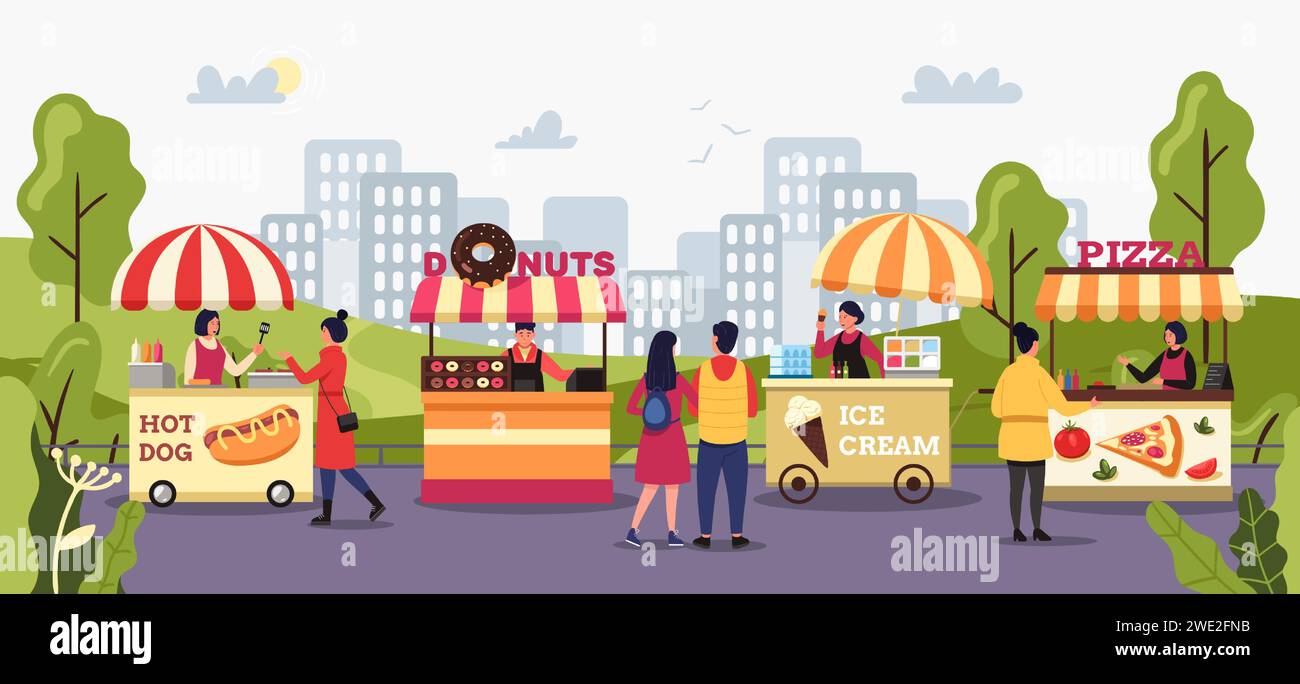 Straßenmarkt. Leute, die Lebensmittel bei externen Händlern kaufen. Kioske mit Pizza, Hot Dogs, Eis und Donuts Stock Vektor