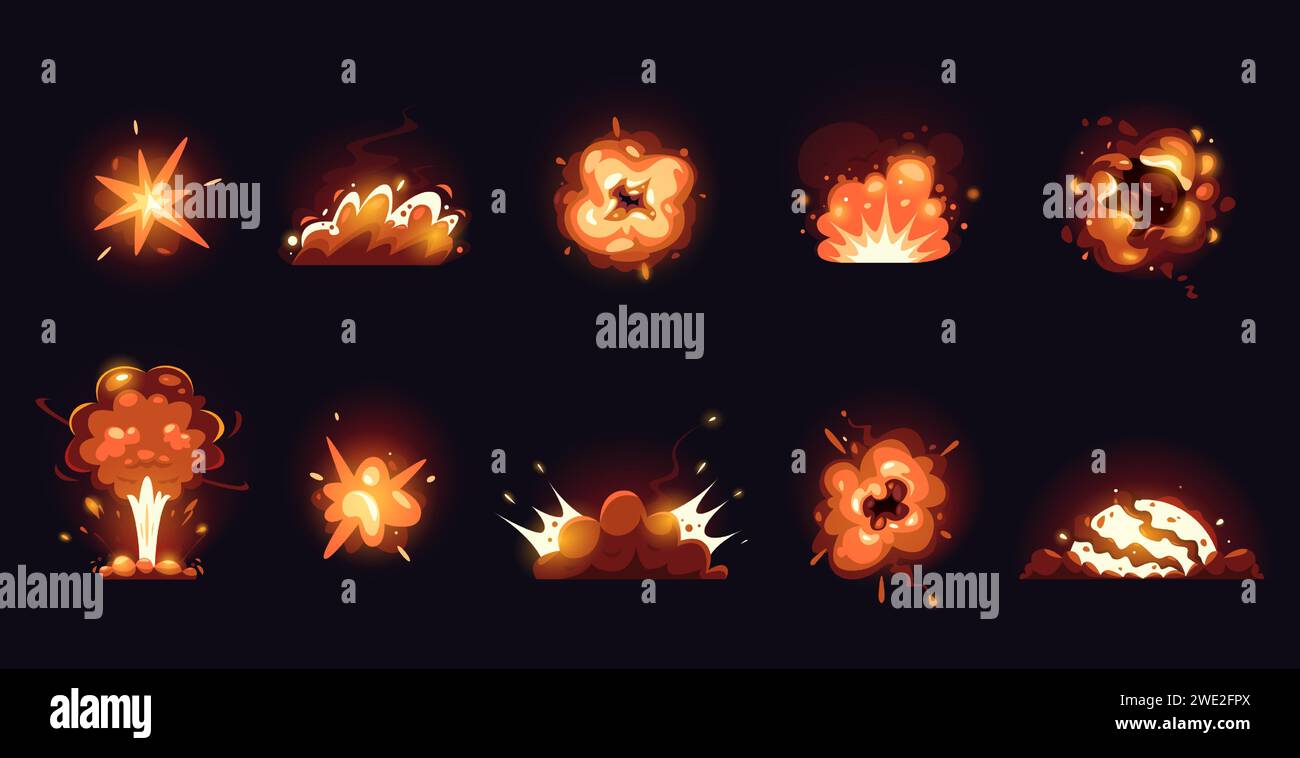 Cartoon-Explosionen. Comic-Fantasy-Explosionseffekt mit Feuer und Rauch, explosionsfähiger Sphäre und Waffendetonation, UI-Spielelemente-Sprite-Grafik Stock Vektor