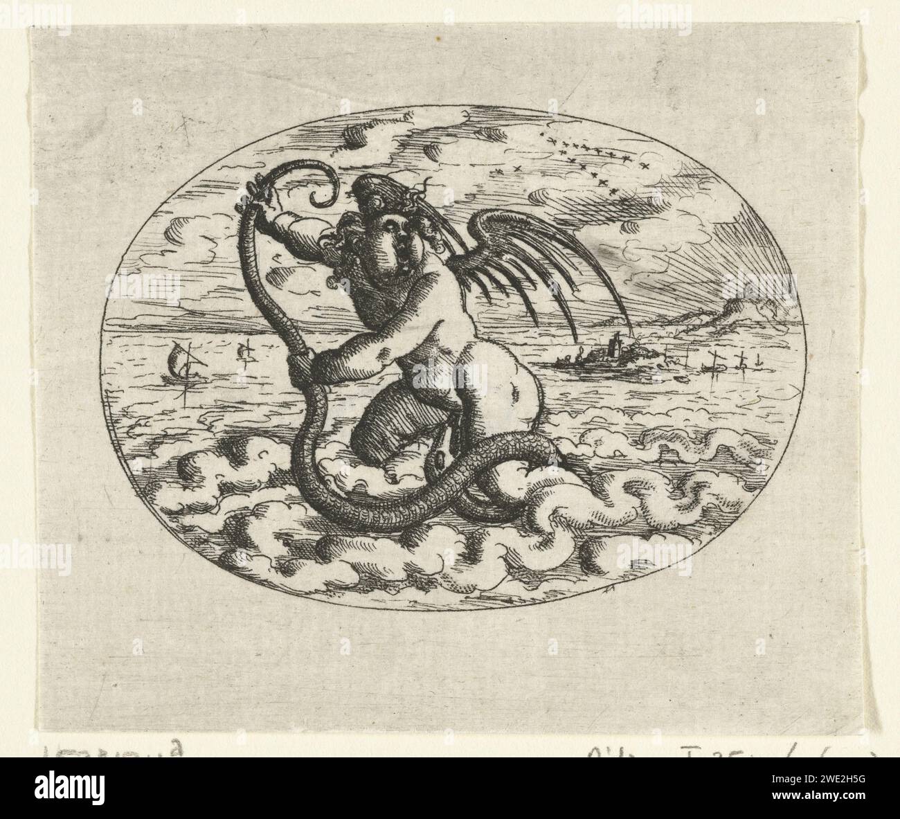 Christoph Jamnitzer, 1573 - 1610 drucken Einen Putto, der von einer Schlange, die er an seinem Schwanz zieht, ins Wasser gebissen wird. Blattwerk aus einer Reihe flacher Dekorationen mit Grotesken, Kartuschen, Oval, Mascarons, Putten und fantastischen Kreaturen. Die Serie besteht aus drei Titelzeitschriften, zwei Textzeitschriften mit dem Auftrag und dem Vorwort sowie 60 Zeitschriften, die auf drei Bücher verteilt sind. Deutschland (möglicherweise) Papierätzung Stockfoto