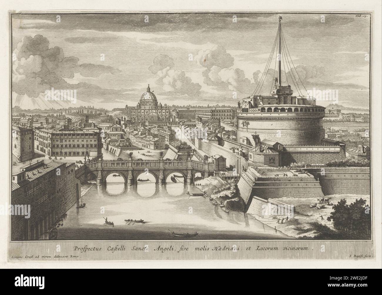 Ansicht von Rom mit der Engelenburcht, der Engelenbrug und der Sint-Pietersbasiliek, Jacobus Baptist, nach Lievin Cruyl, 1729 Druck der Druck ist Teil eines Albums. Printmacher: AmsterdamAfter Zeichnung von: Romepublisher: Leiden Papier, das Stadt-Ansicht und Landschaft mit künstlichen Konstruktionen graviert. Brücke in der Stadt über Fluss, Kanal usw. Kirche (außen) St.. Petersbasilika. Engelenburcht. Angel Bridge. Tiber Stockfoto