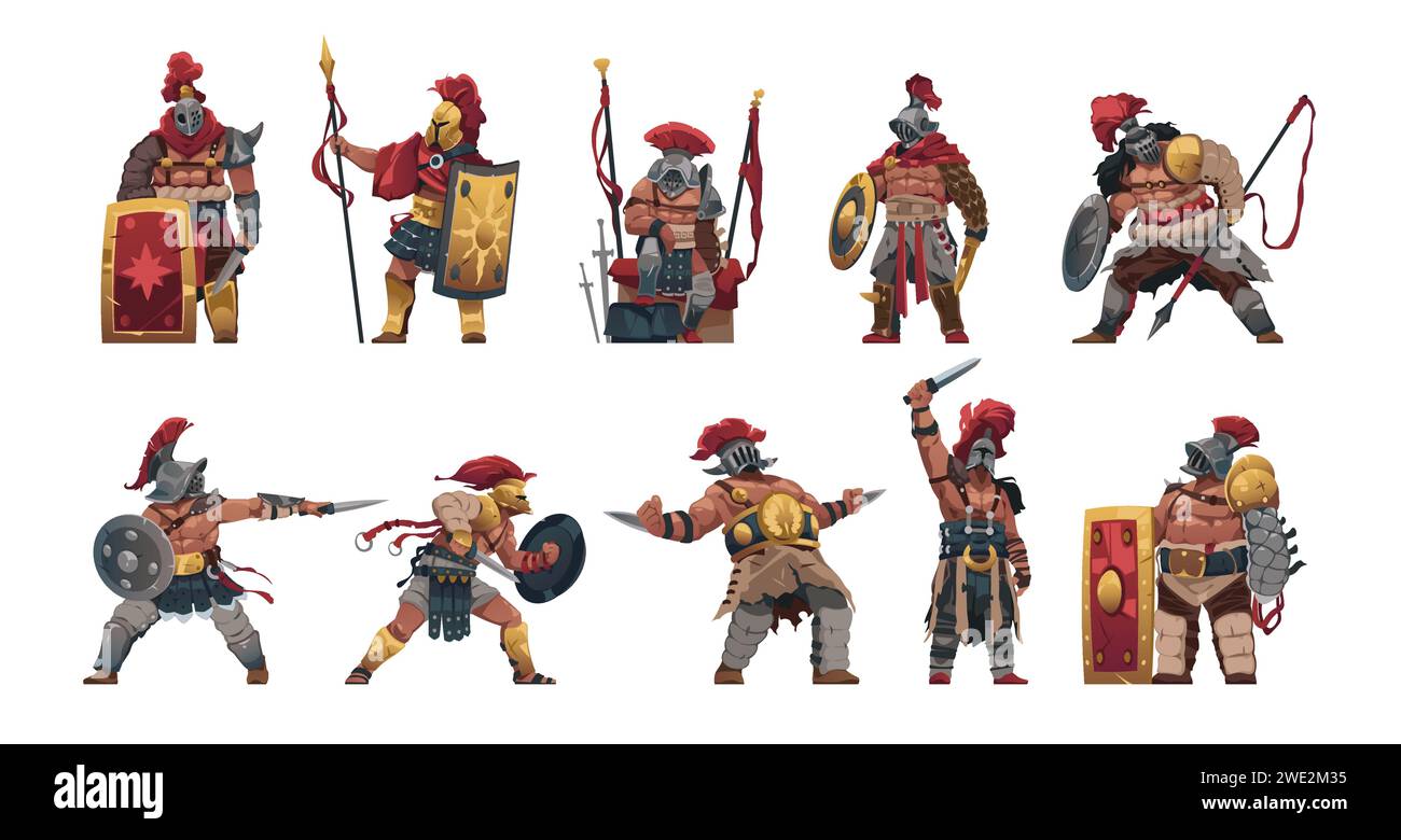 Cartoon Gladiatorenkrieger. Sparta coliseum Kampffigur mit verschiedenen Waffen, antike römische Armeefiguren in Kriegsrüstung, spartanischer Hoplit Stock Vektor