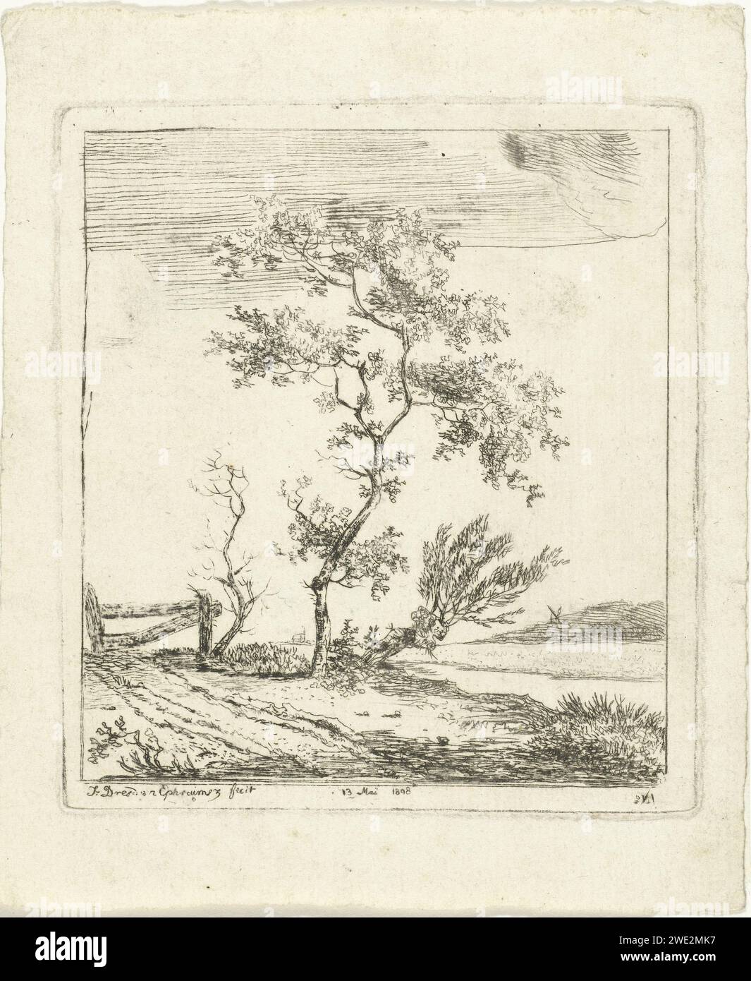 Landschaft mit Boom in der Nähe eines Wassers, J. Ephraimszoon Dresden, 1808 Druckpapier, das Landschaften in der gemäßigten Zone graviert Stockfoto