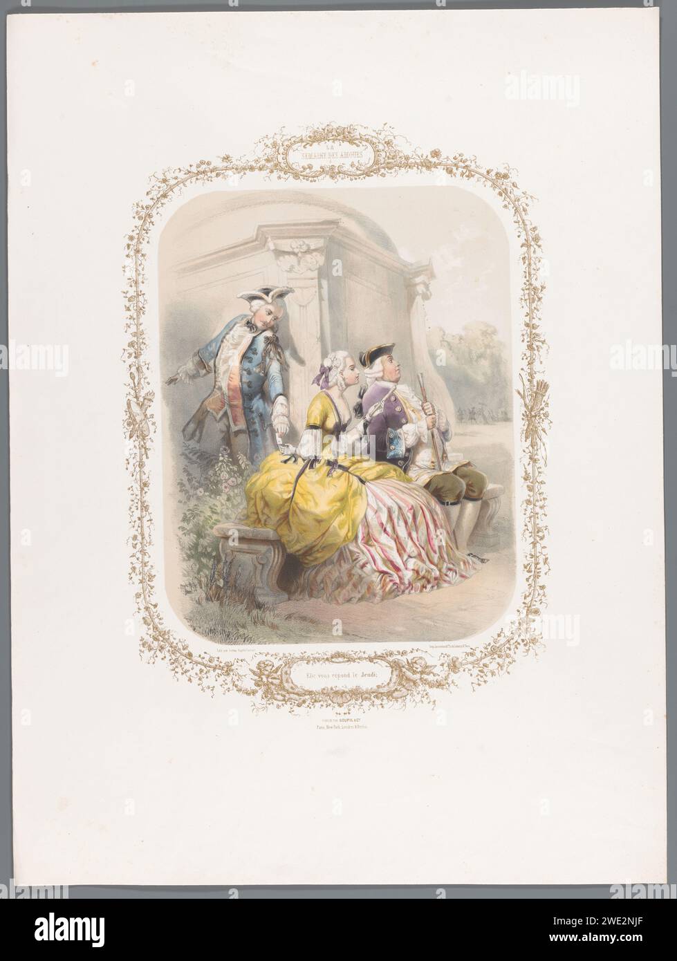 Frau gibt dem jungen Mann eine geheime Nachricht, Ernest Jaime, nach Eugène Guérard, 1852 - 1857 Druck Paris Papier versteckte Liebe. Dandy, Beau. Modische Frau, „Belle“ Stockfoto
