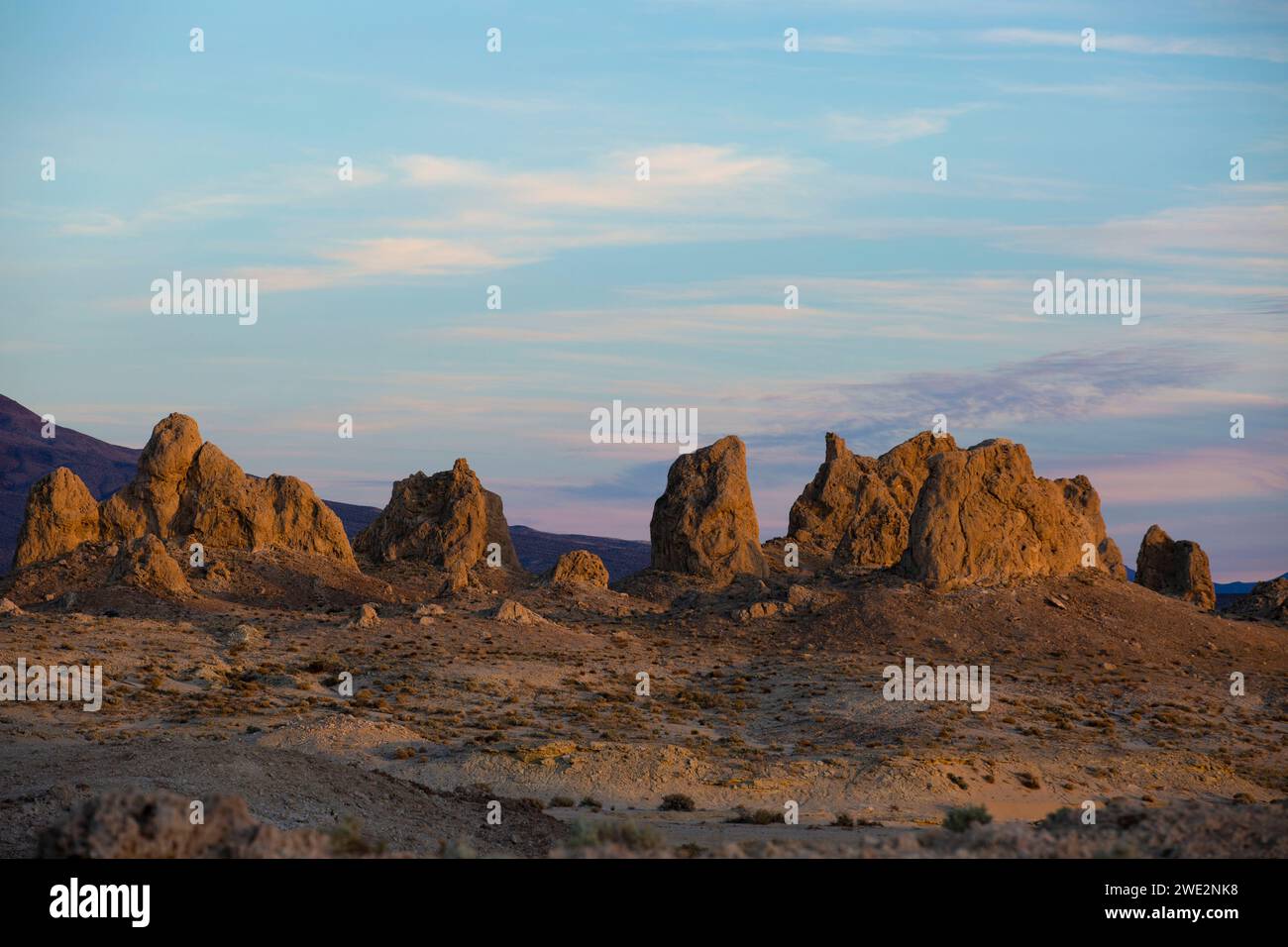 Trona, Kalifornien, USA. Januar 2024. Die Trona Pinnacles sind ein einzigartiges geologisches Merkmal in der California Desert Conservation Area. Die ungewöhnliche Landschaft besteht aus mehr als 500 Tufftürmen, von denen einige bis zu 140 Meter hoch sind, die sich aus dem Bett des Searles Dry Lake-Beckens erheben. Die Pinnacles wurden vor 10.000 bis 100.000 Jahren gegründet. Quelle: Katrina Kochneva/ZUMA Wire/ZUMAPRESS.com/Alamy Live News Stockfoto