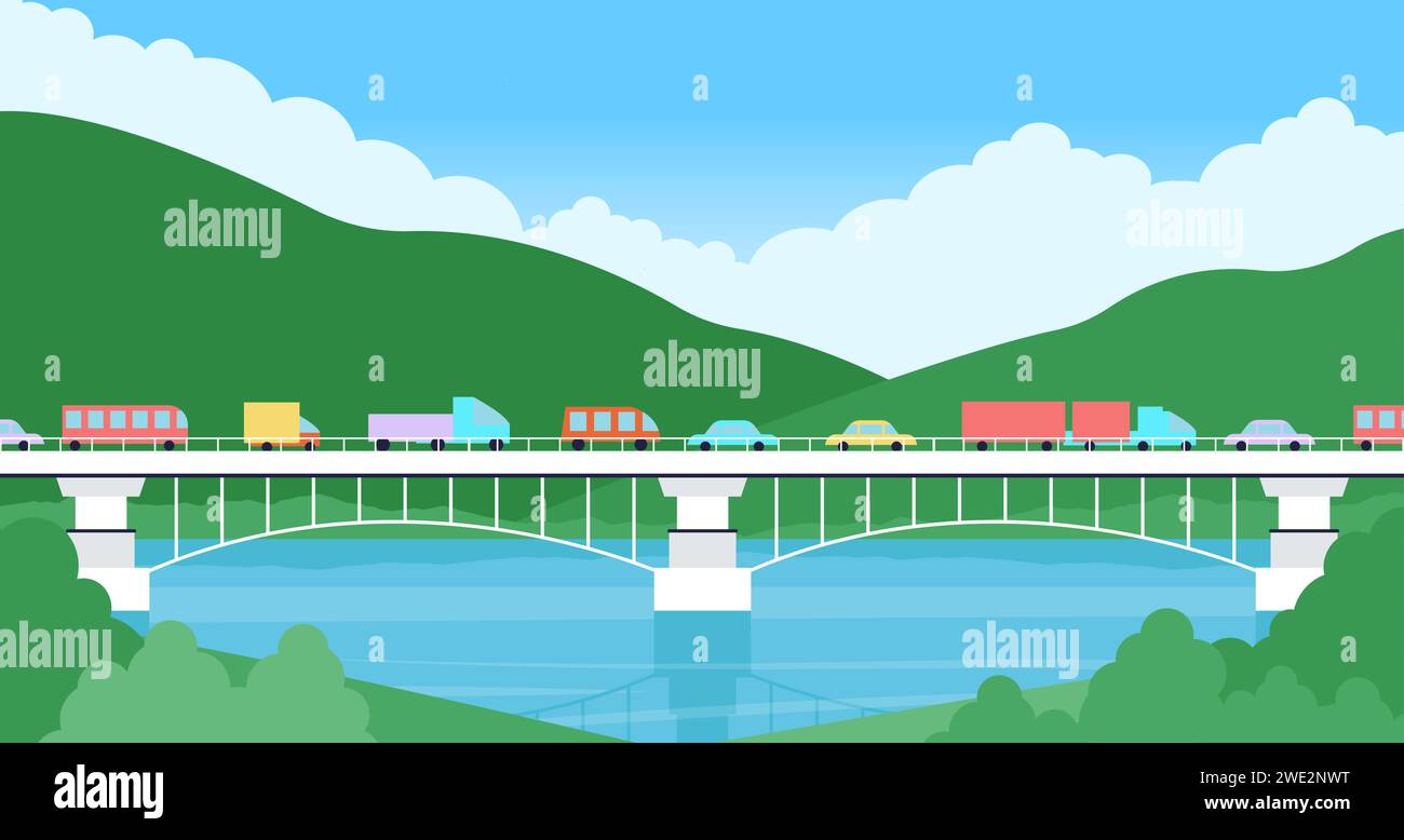 Autos auf der Brücke. Stadtverkehr Straße, Reisen und Abenteuer. Auto und LKW überqueren die Kreuzung, Natur oder ländliche Ebene anständige Vektorlandschaft Stock Vektor