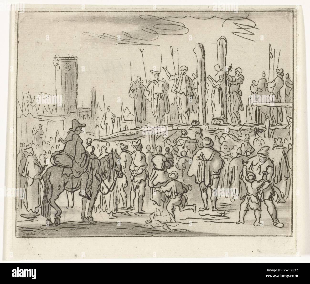 Jan Woutersz van Kuyk und Adriaanken Jans in Dordrecht verbrannt, 1572, Ernst Willem Jan Bagelaar, nach Jan Luyken, 1805 Druck es gibt ein Gerüst auf einem geschäftigen Markt. Jan Woutersz van Kuyk und Adriaansken Jans sind an Holzsäulen am Gerüst gebunden. Niederlande Papierätzung Ausführung von Ketzer, z. B. durch Verbrennung auf dem Scheiterhaufen, „Auto-da-Fé“. Gewalttätiger Tod durch Verbrennung auf dem Scheiterhaufen; Pyre Dordrecht Stockfoto