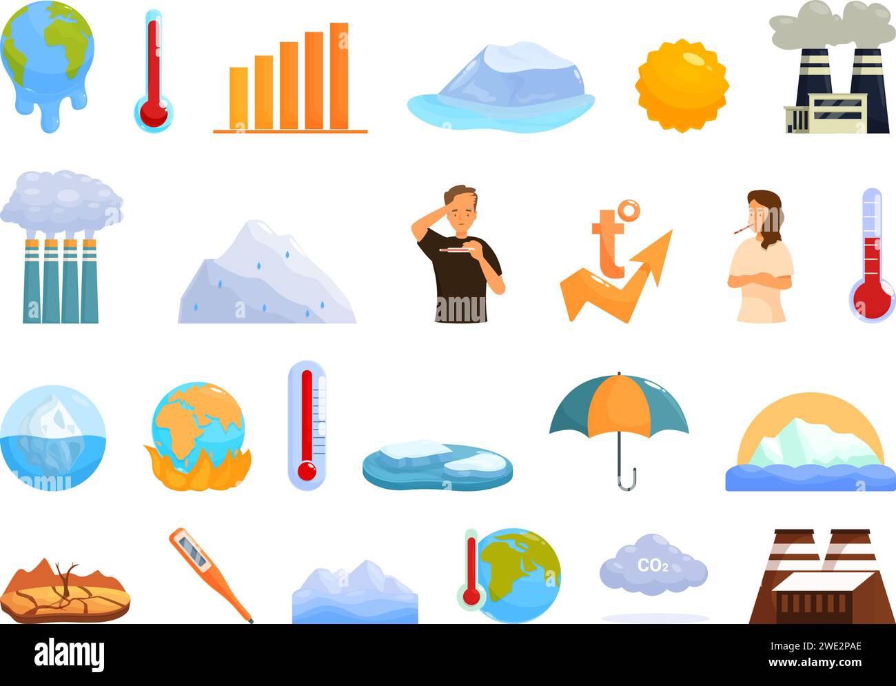 Symbole mit erhöhter Temperatur setzen den Cartoonvektor. Globale Erwärmung. Klima Wetter Stock Vektor