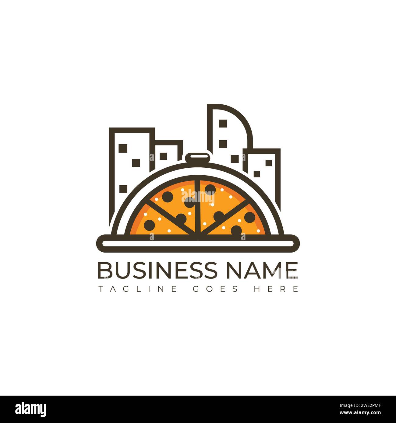 Pizza Stadt oder Pizza Stadt Logo Design Vektor Illustration. Ein Illustrationslogo mit einem halben Pizzablatt und einem Stadtgebäude dahinter Stock Vektor