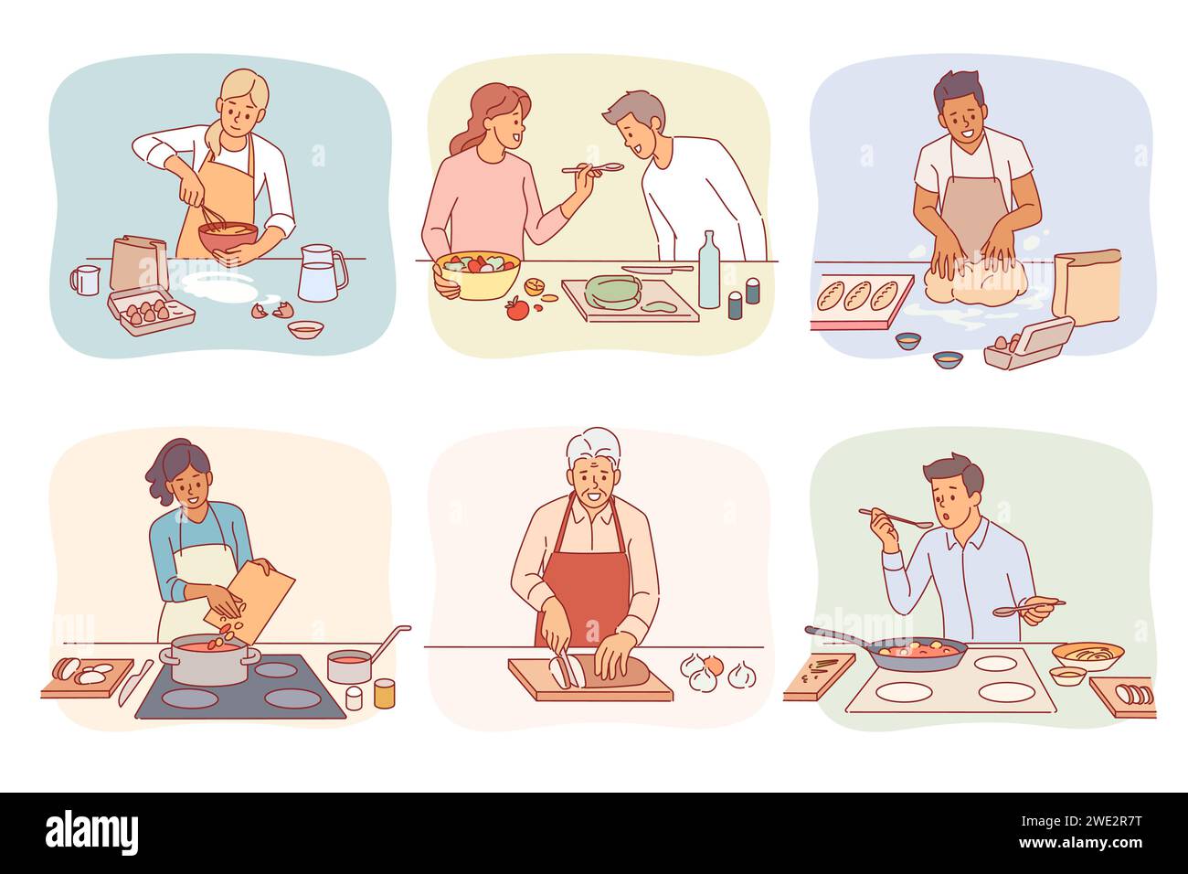 Comic-Leute kochen. Männer und Frauen bereiten Essen vor. Ein Paar in der Küche. Person, die Gebäck backt. Zubereitung des Mittagessens. Abendessen oder Frühstück. Hausgemachte Mahlzeiten Stock Vektor