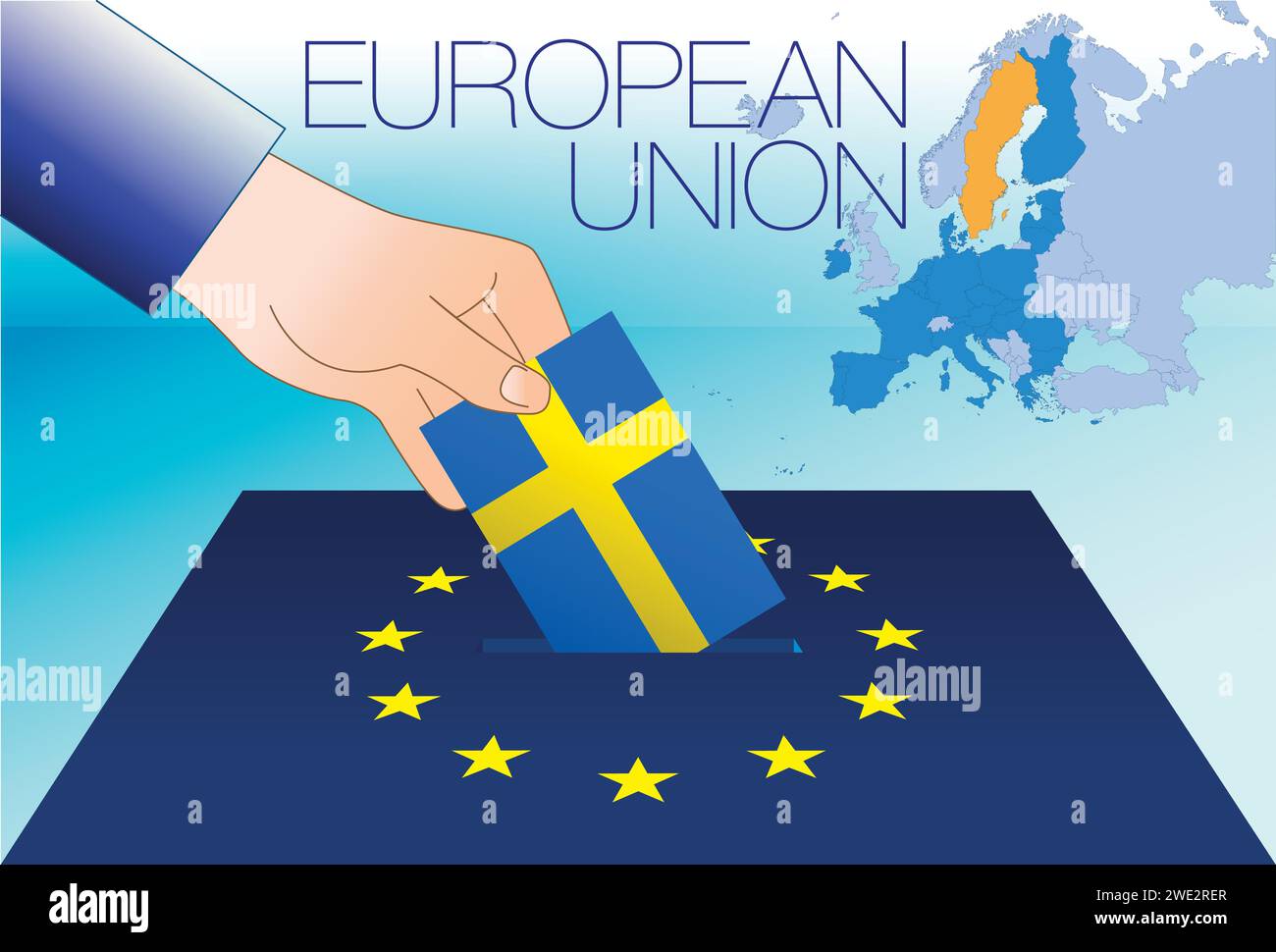Europäische Union, Wahlbox, Wahlen zum Europäischen parlament, schwedische Flagge und Karte, Vektorillustration Stock Vektor