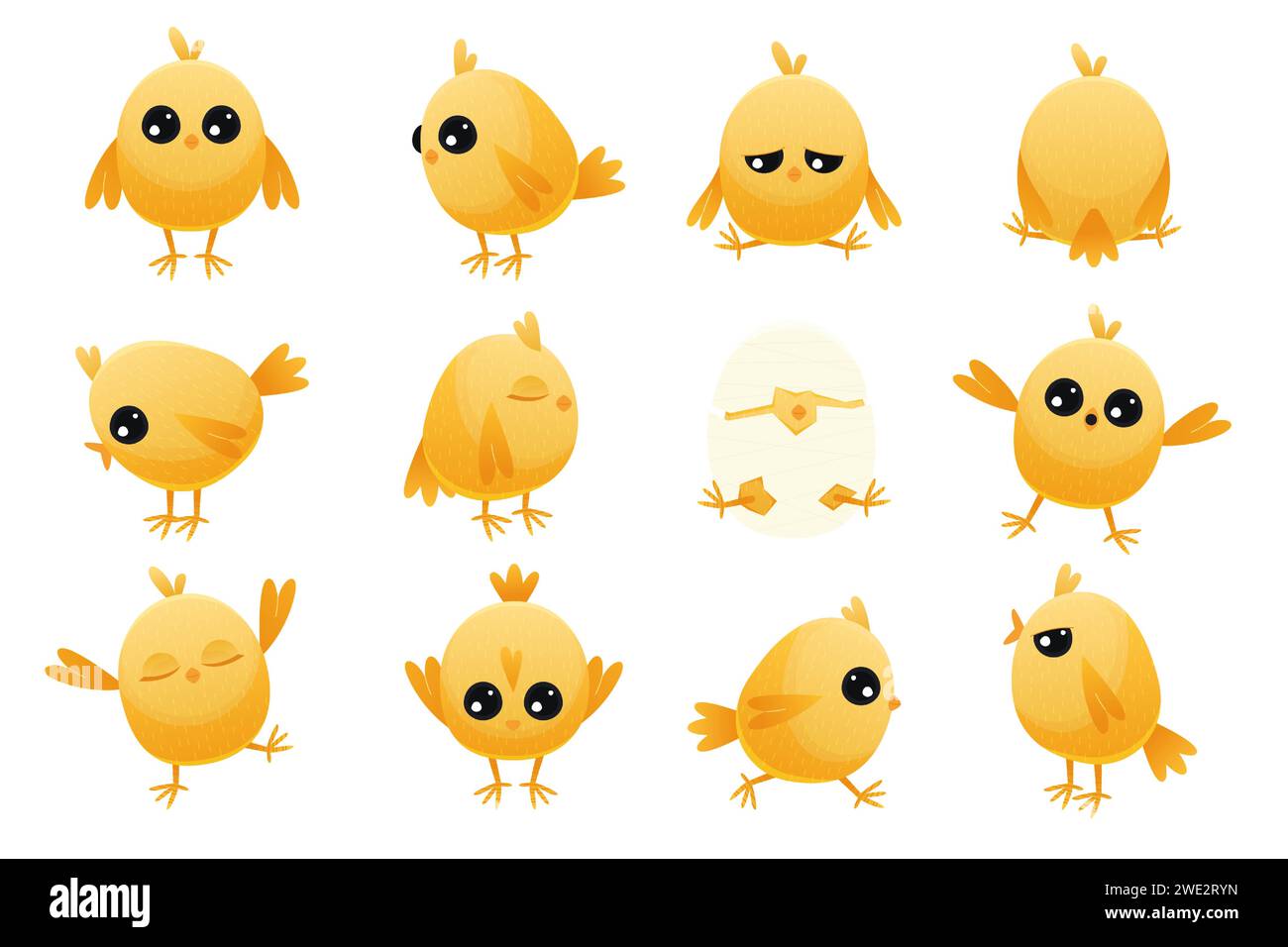 Niedliches Cartoon-Huhn-Baby. Gelbes Bauerngeflügel mit Schnabel und Flügeln, einfache glückliche Tierfiguren mit verschiedenen Emotionen. Vektor-isolierter Satz Stock Vektor