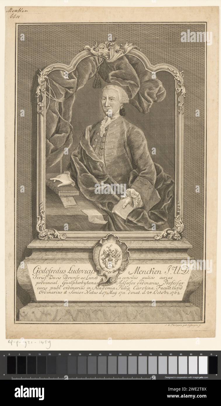 Portret van Gottfried Ludwig Mencken, Johanna Dorothea Sysang, 1762 - 1791 Druckpapier mit Gravur historischer Personen. Schreibzubehör. Waffenlager, Heraldik Stockfoto