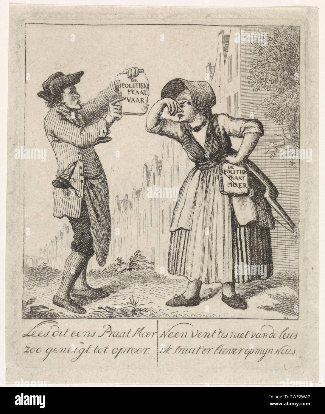 Politische Satire, Joannes Hulst Camp, 1774–1786 Druck links ein Mann mit einem Textblatt in der Hand: Der politische Vortrag. Rechts eine Frau, die ihre Nase drückt und mit einem Textblatt in der anderen Hand: Die politische Talknuss. Am unteren Rand: Lesen Sie das einmal, Moer talls so talls up to Aufruhr // kein Mann ist nicht von dem Slogan, den ich gerne auf meiner Nase sein möchte. Rotterdamer Papier, das politische Karikaturen und Satiren eingraviert. Die Nase zu halten Stockfoto