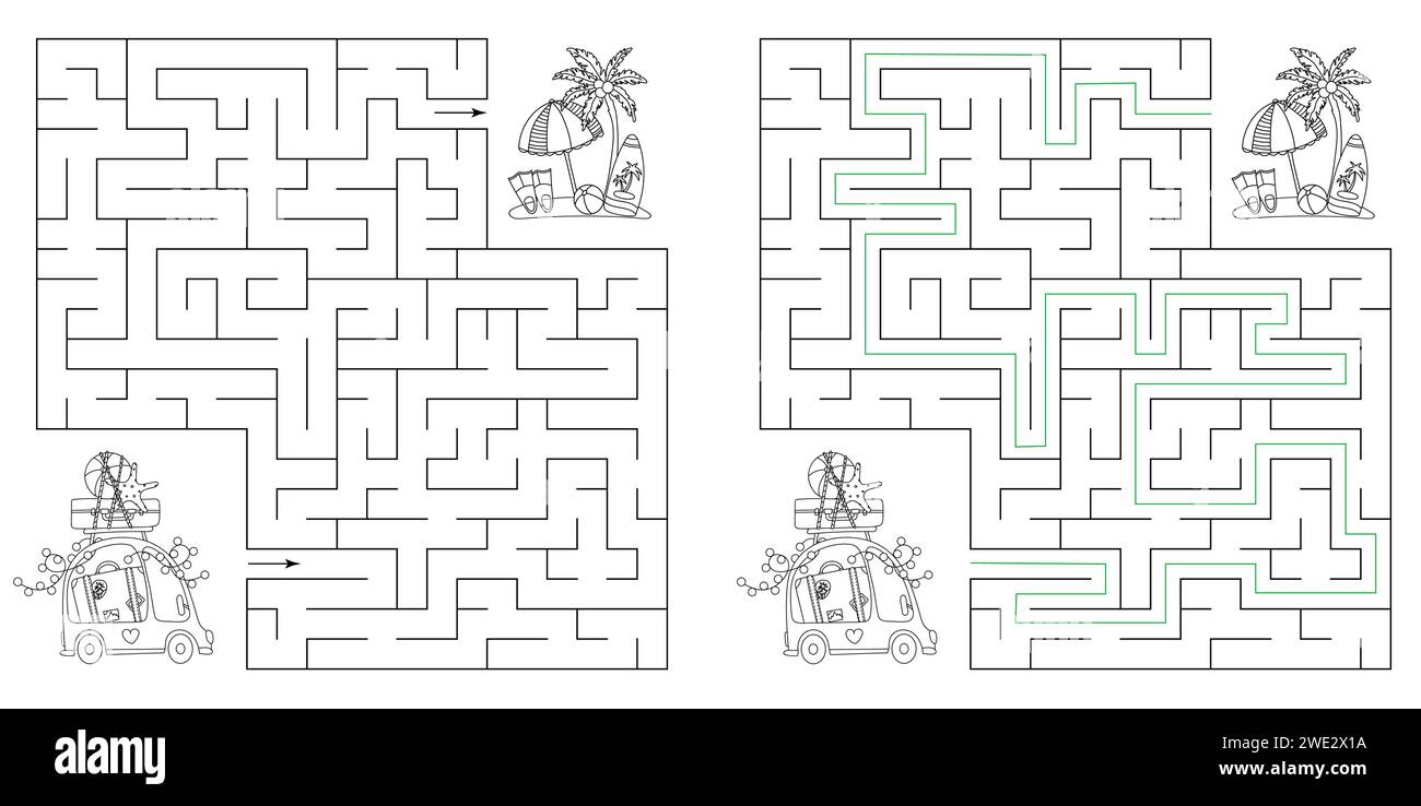 Labyrinth - Puzzle Für Kinder Hilft Dem Kleinen Auto, Die Ferieninsel Zu Erreichen Stock Vektor