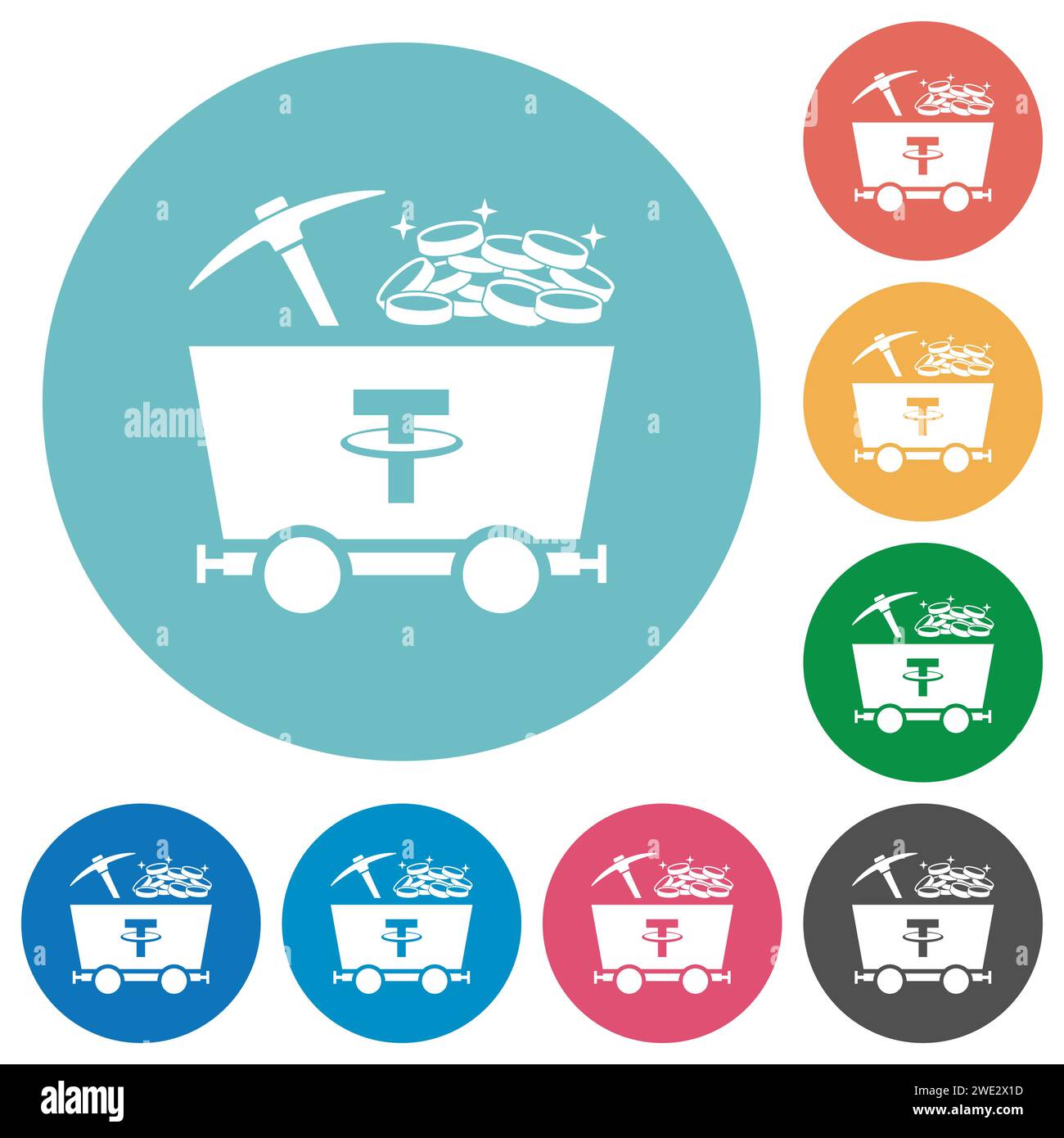 Mining von Kryptowährungen mit flachen weißen Symbolen auf runden farbigen Hintergründen Stock Vektor