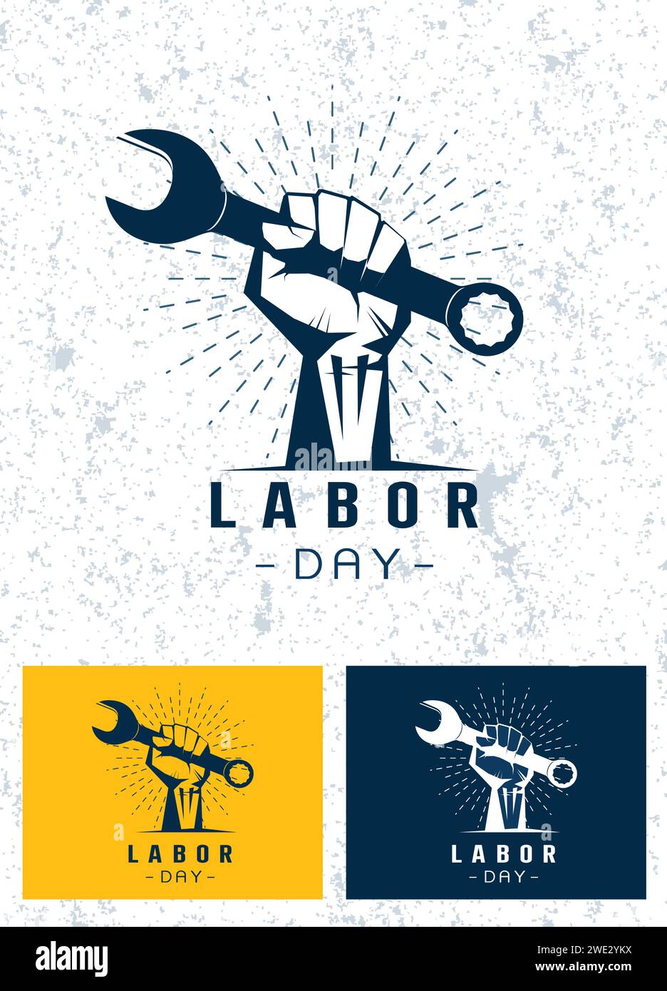 Satz des Logos des Labor Day Konzepts mit Mann, der Schlüsselvektor-Logo hält, Labor Day T-Shirt-Design, amerikanische Banner-Vorlage auf weißem Hintergrund Vektor Stock Vektor