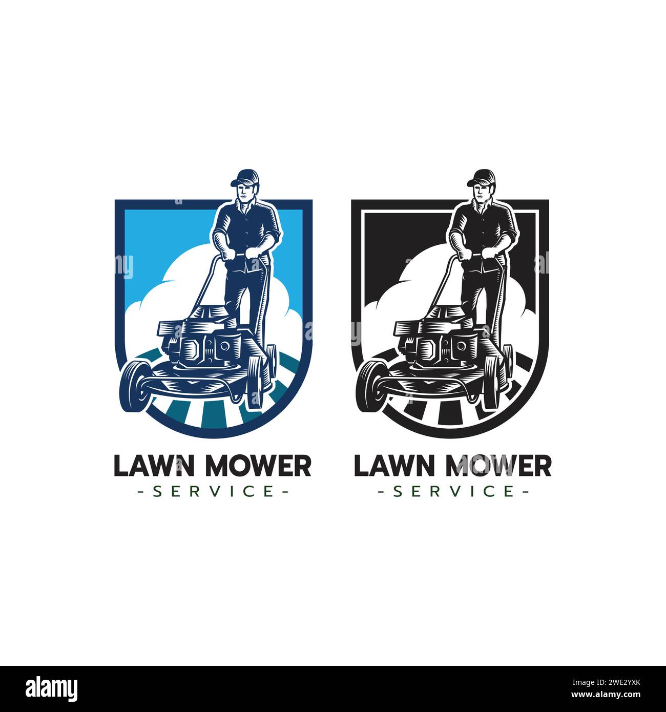 Rasenmäher Service Logo Symbol isoliert, Rasenmähen schneiden Gras, Gärtner Service Logo Symbol isoliert auf weißem Hintergrund Vektor Illustration Stock Vektor