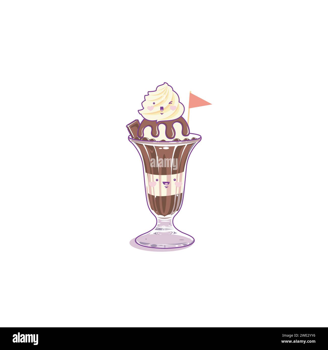 Schokoladeneis in einer Tasse Kawaii Stil, süßes Dessert isoliert auf weißem Hintergrund Vektor Illustration Stock Vektor