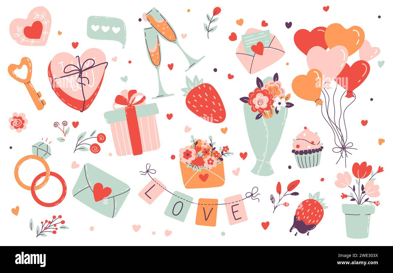 Valentinstag Elemente Vektor-Set. Geschenke, Herzen, Umschläge, Desserts, Blumensträuße und Schlösser isoliert auf weißem Background. Flacher STYLE. Cartoon Stock Vektor