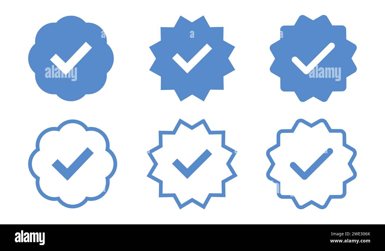 Mit blauem Häkchen verifizierte Symbolgruppe mit Füllung und Kontur. Blaues Häkchen, rechts, V, Verifizierungssymbol. Symbol für Akzeptieren, Abstimmung, Auswahl zur Verwendung in Apps, Profil Stock Vektor