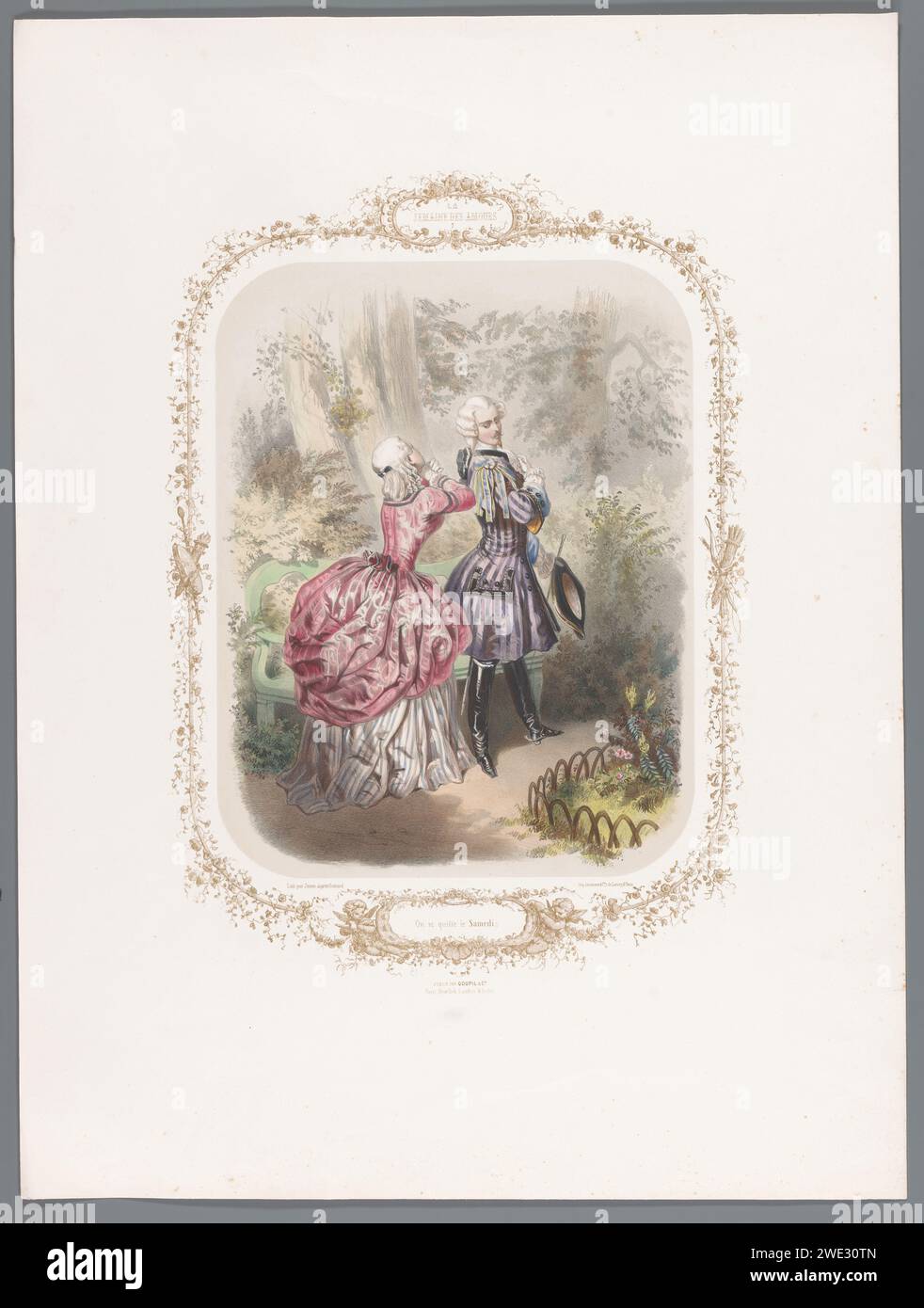 Der junge Mann verlässt seinen Geliebten Ernest Jaime, nachdem Eugène Guérard, 1852–1857 Druck Paris Papierdandy, Beau. Modische Frau, „Belle“. Ende einer Liebesaffäre Stockfoto