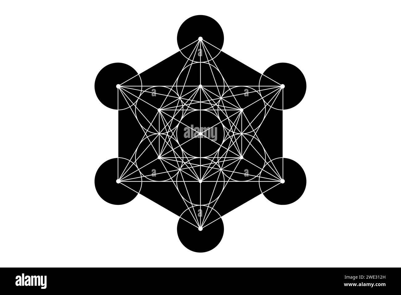 Mystisches Mandala von Metatrons Cube, Heilige Geometrie, Vektorgrafik isoliert. Mystische platonische Volumenkörper, abstrakte geometrische Zeichnung, Schnittkreise Stock Vektor