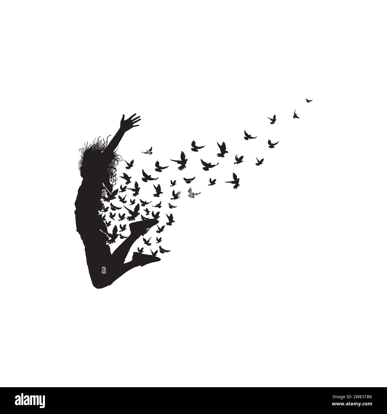Silhouette des Mannes oder der Frau, die mit Vögeln springen, die auf weißem Hintergrund Vektor-Illustration fliegen Stock Vektor