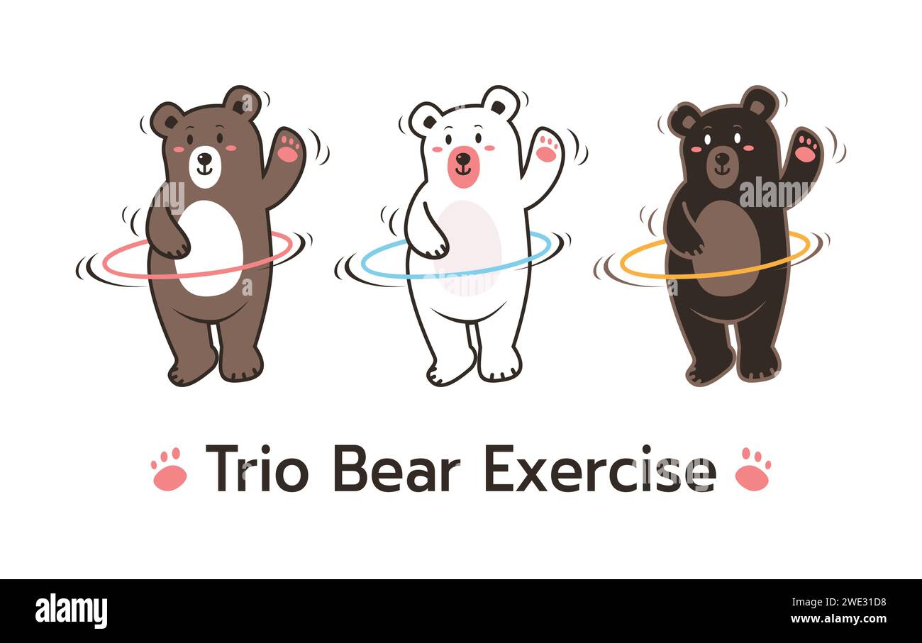 Vektor-Set im Cartoon-Stil aus drei verschiedenen Bären: Brauner Grizzly, schwarz und Polar. Triobär spielt Hula Hoop Sport Cartoon Charakter isoliert auf Wi Stock Vektor