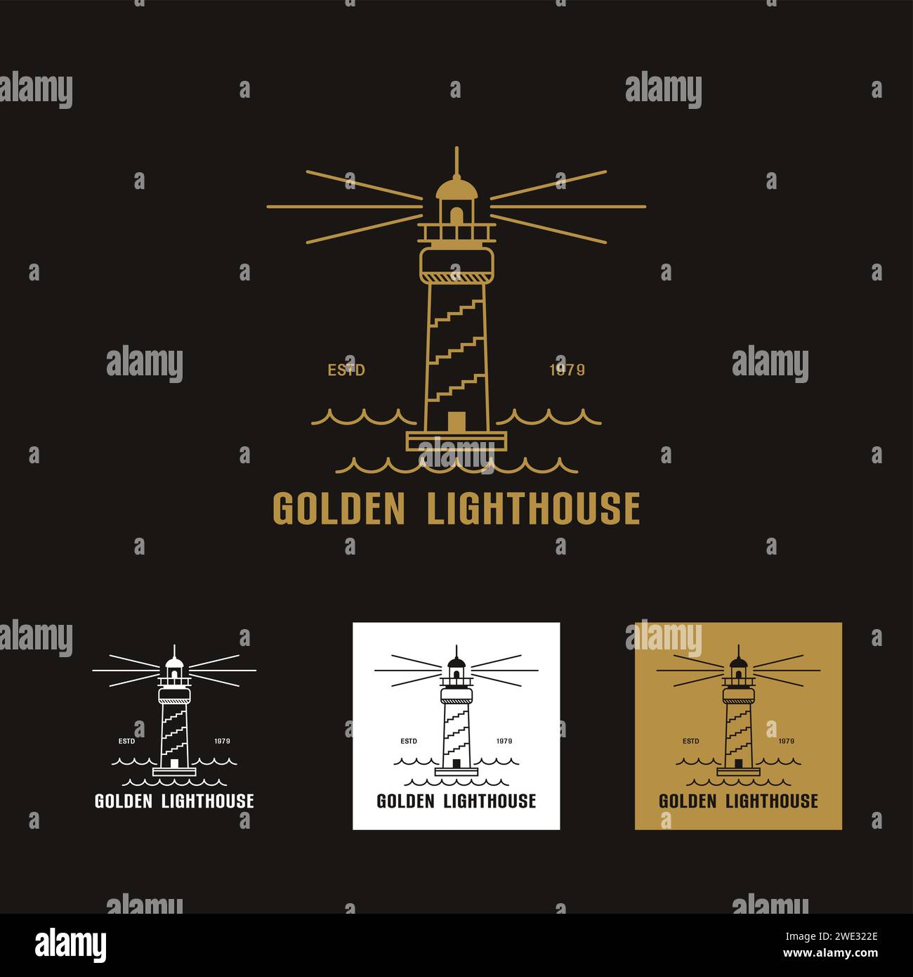 Satz von luxuriösem Gold Lighthouse Logo Icon Vorlage Vektor Illustration Design, kreative Logo Linie Art Lighthouse, Lighthouse Logo für T-Shirt Design auf Stock Vektor