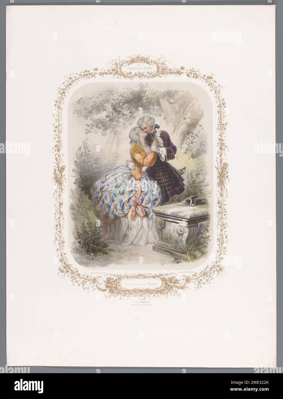 Zwei Liebende küssen einander, Ernest Jaime, nach Eugène Guérard, 1852–1857 drucken Paris Papier (Liebende) küssen einander. Modische Frau, „Belle“. Dandy, Beau Stockfoto