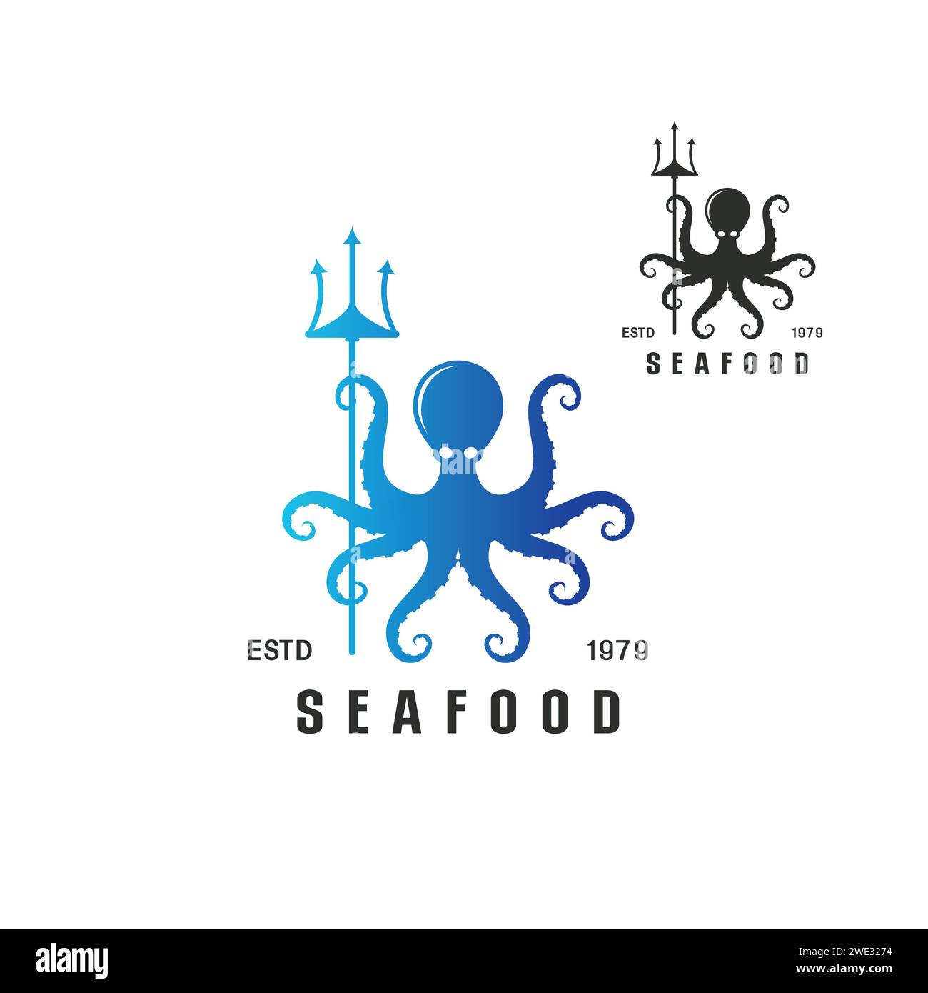 Wunderschönes Logo-Ikone Octopus mit Trident-Meeresfrüchten-Konzept, stilisiertes Bild der isolierten Octopus-Logo-Vorlage, Octopus-Tattoo-Silhouette auf weißem bac Stock Vektor