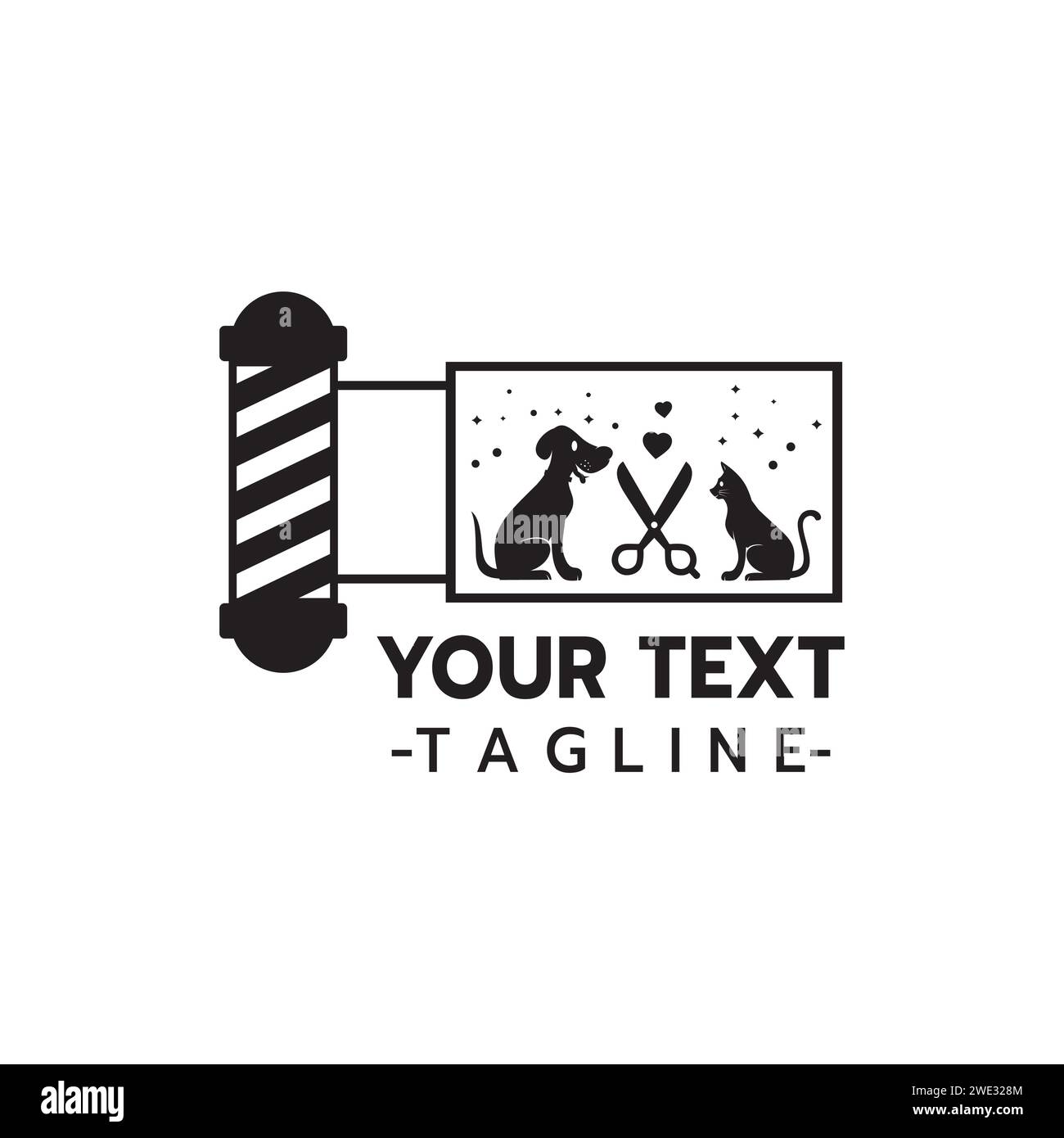 Logo des Haustier-Friseursalons, Styling und Pflege Shop, Geschäft für Hunde und Katzenpflege Services Logo auf weißem Hintergrund Vektor-Illustration Stock Vektor