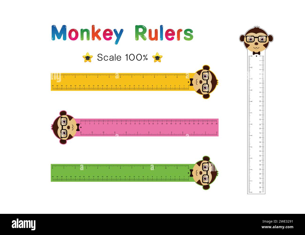 Monkey Head of Lineals Zoll- und metrische Lineale. Maßstab für ein Lineal in Zoll und Zentimetern. Zentimeter und Zoll Messskala cm Messindikator Stock Vektor