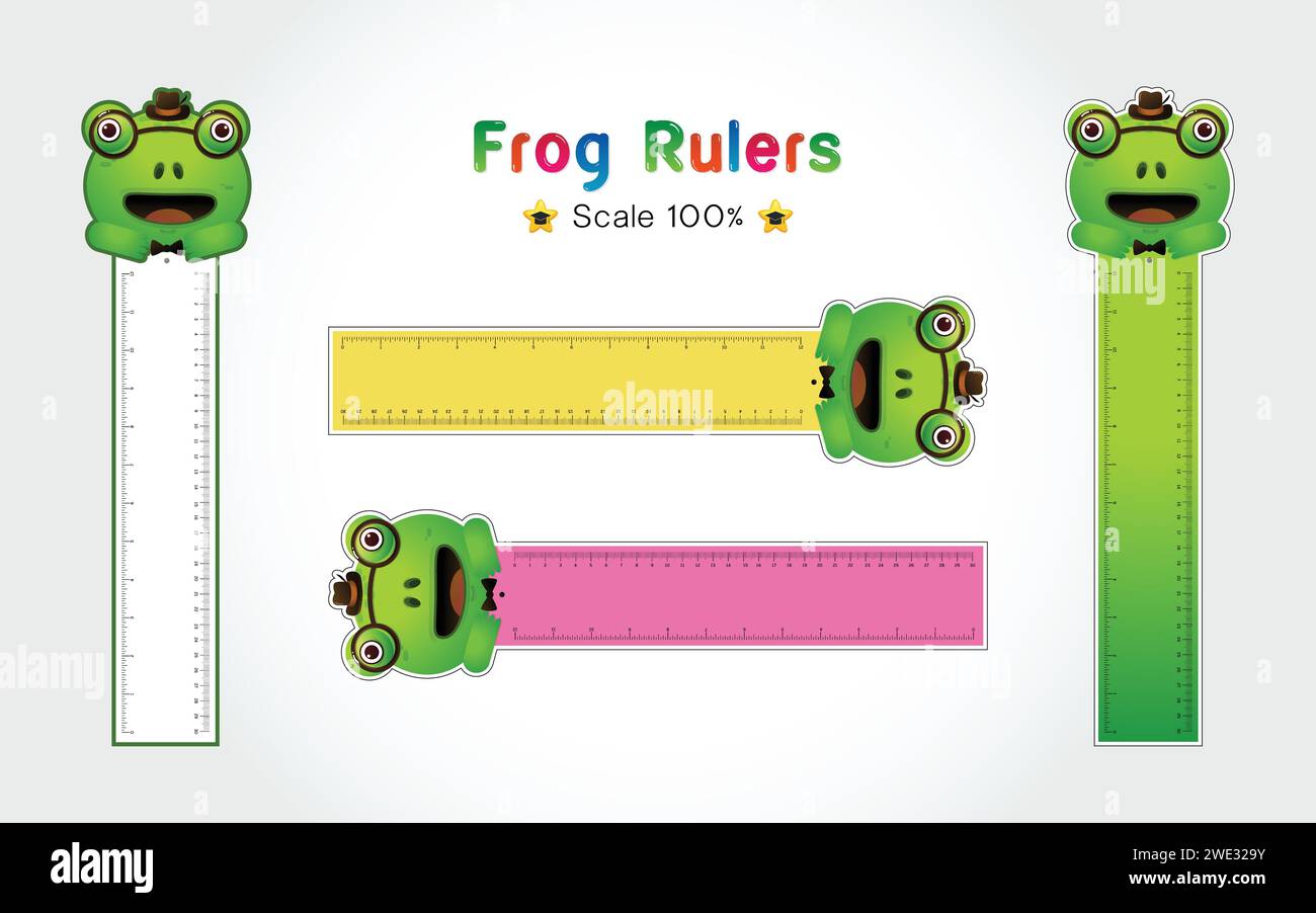 Frosch von Linealen Zoll und metrische Lineale. Maßstab für ein Lineal in Zoll und Zentimetern. Zentimeter und Zoll Messskala cm Messindikator. Zoll Stock Vektor