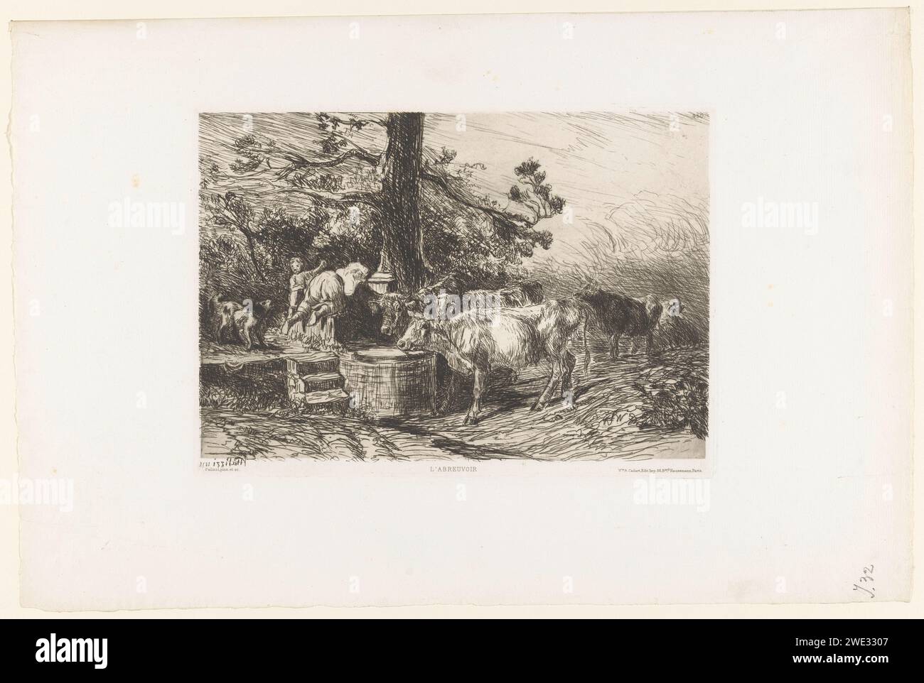 Rinder in einem Brunnen, Filippo Palizzi, 1838 - 1875 drucken drei Kühe trinken aus einem Brunnen, zwei weitere Kühe nähern sich im Hintergrund. Zwei Figuren und ein bellender Hund links. Oben rechts nummeriert: 450. Druckerei: Italien eigenes Design von: Italien Verlag: Paris Paper. Ätzen Wasser geben, füttern (Rinder). Na ja Stockfoto