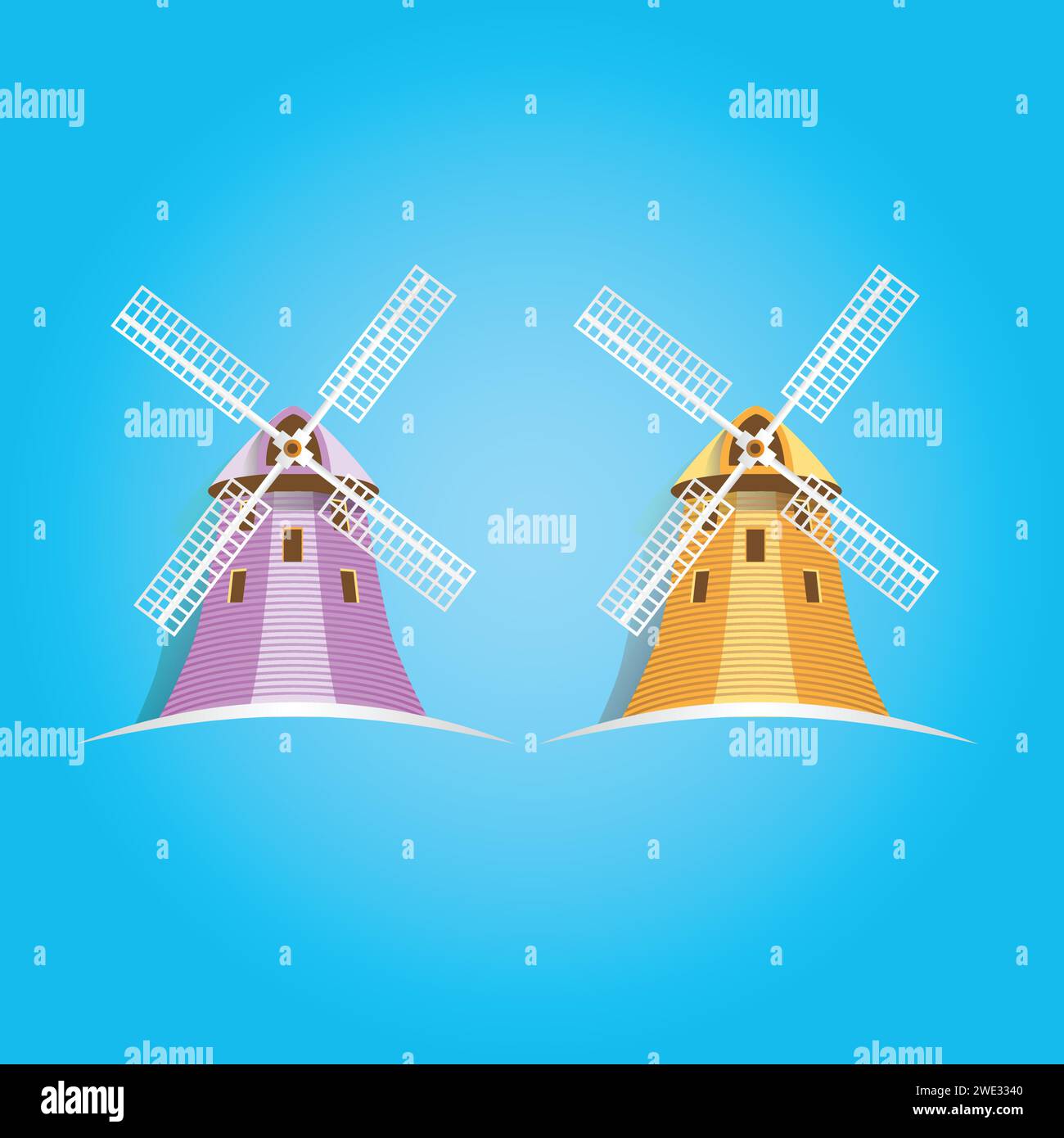 Satz von Windmühle Cartoon auf blauem Himmel Hintergrund Vektor Illustration Stock Vektor