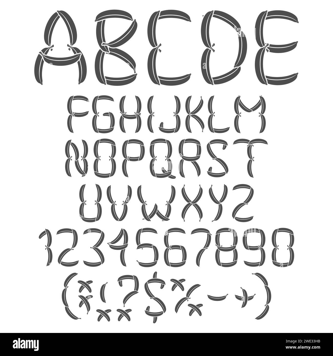 Alphabet, Buchstaben, Zahlen und Zeichen von Bananen. Isolierte Vektorobjekte auf weißem Hintergrund. Stock Vektor