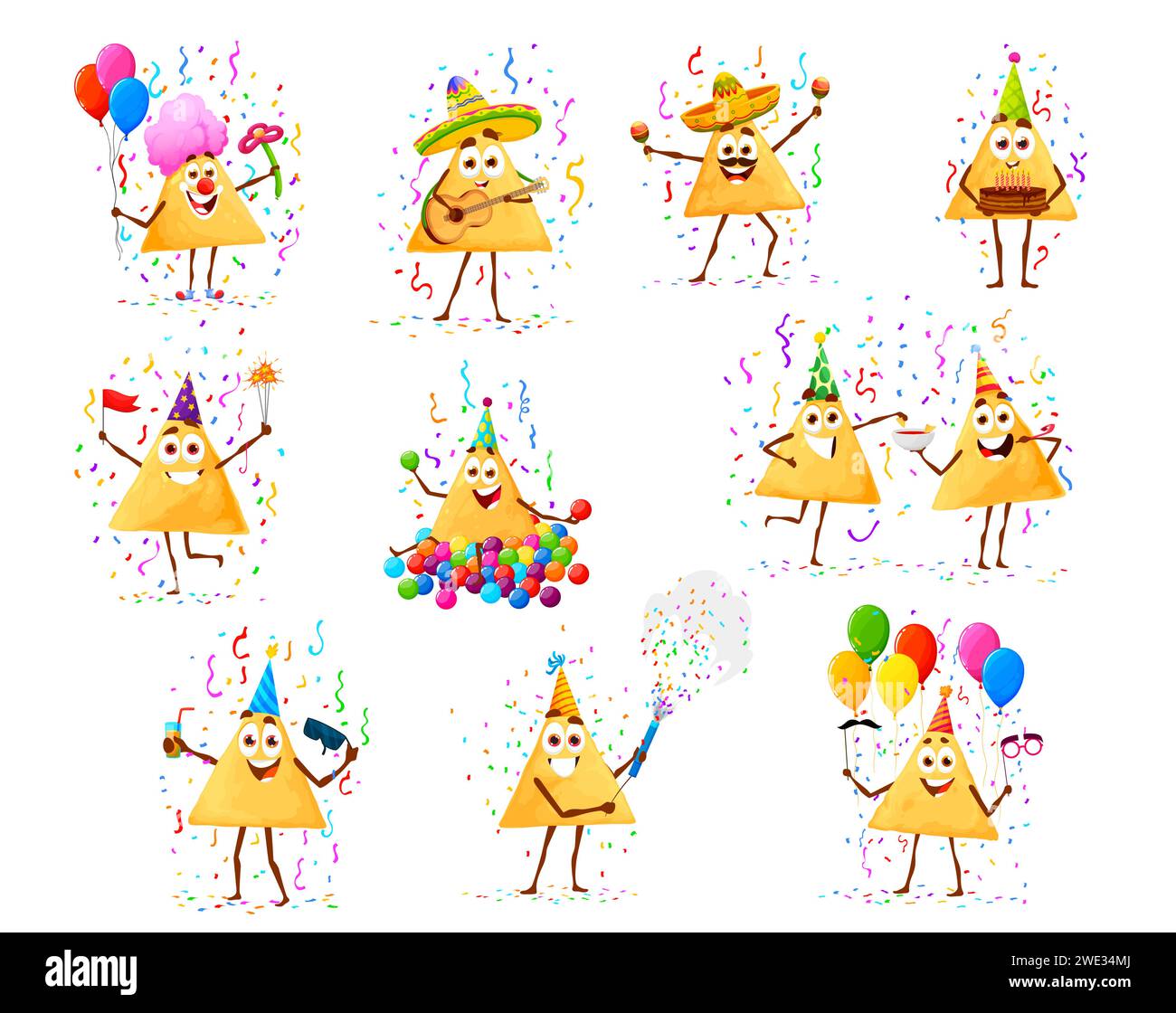 Cartoon Nachos Chips Charaktere zum Geburtstagsfeiertag. Mexikanische Küche knusprige Hütte fröhlicher Clown und Musiker Persönlichkeiten, lustige Nachos mit Klatscher, Geburtstagskuchen, Salsa Dip und Ballons Stock Vektor