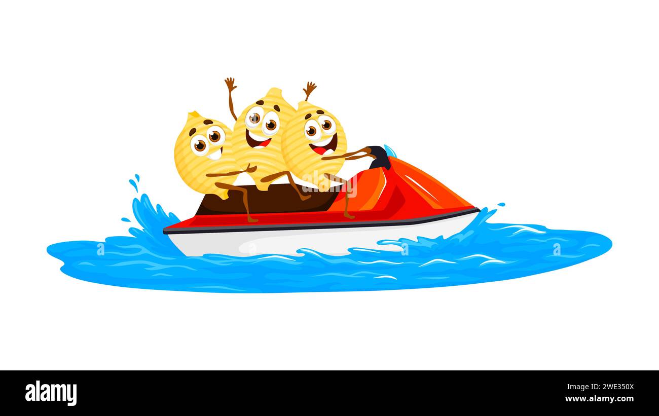 Cartoon Conchiglie Pasta Charaktere, die Jetski fahren, Sommerurlaub am Strand. Vector niedliche italienische Makkaroni-Food-Persönlichkeiten, die Spaß auf Meer- und Ozeanblauen Wellen mit Wasserroller oder Jetski haben Stock Vektor