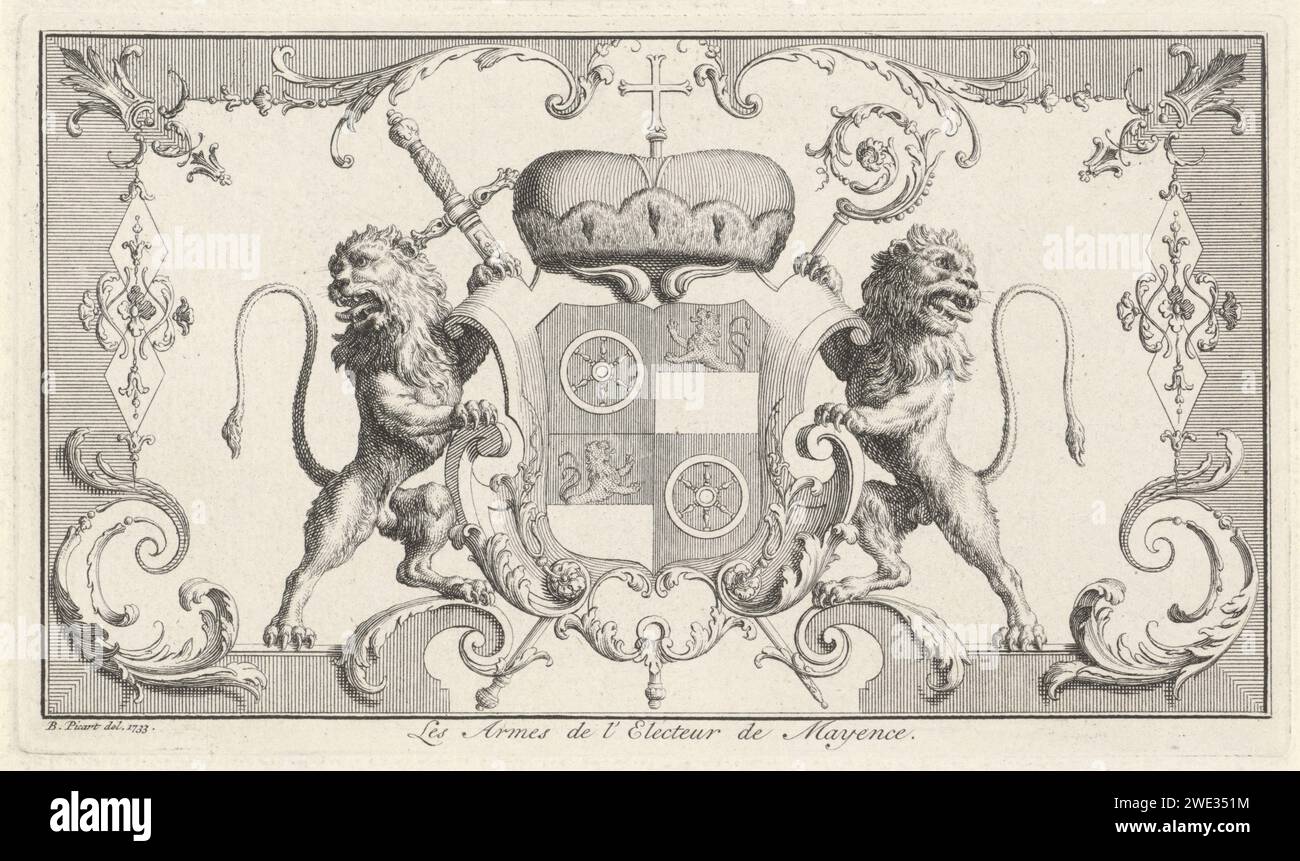 Wappen von Philipp Karl von Eltz-Kempenich, Bernard Picart (Werkstatt), nach Bernard Picart, 1733 Druck Wappen von Philipp Karl von Eltz-Kempenich, Kurfürst von Mainz, in Zierkartusche. Amsterdamer Papiergravur (als Symbol des Staates usw.). Raubtiere, Raubtiere: Löwe. Ornamente  Kunst Stockfoto