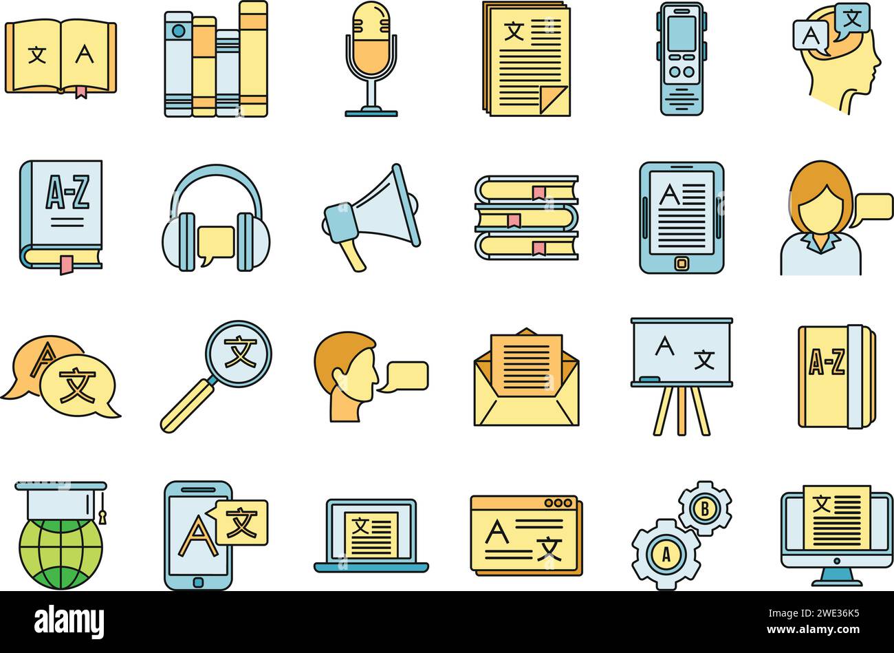 Linguist Sprechen-Symbole festgelegt. Kontur Satz von Sprachvektorsymbolen dünne Linie Farbe flach auf weiß Stock Vektor