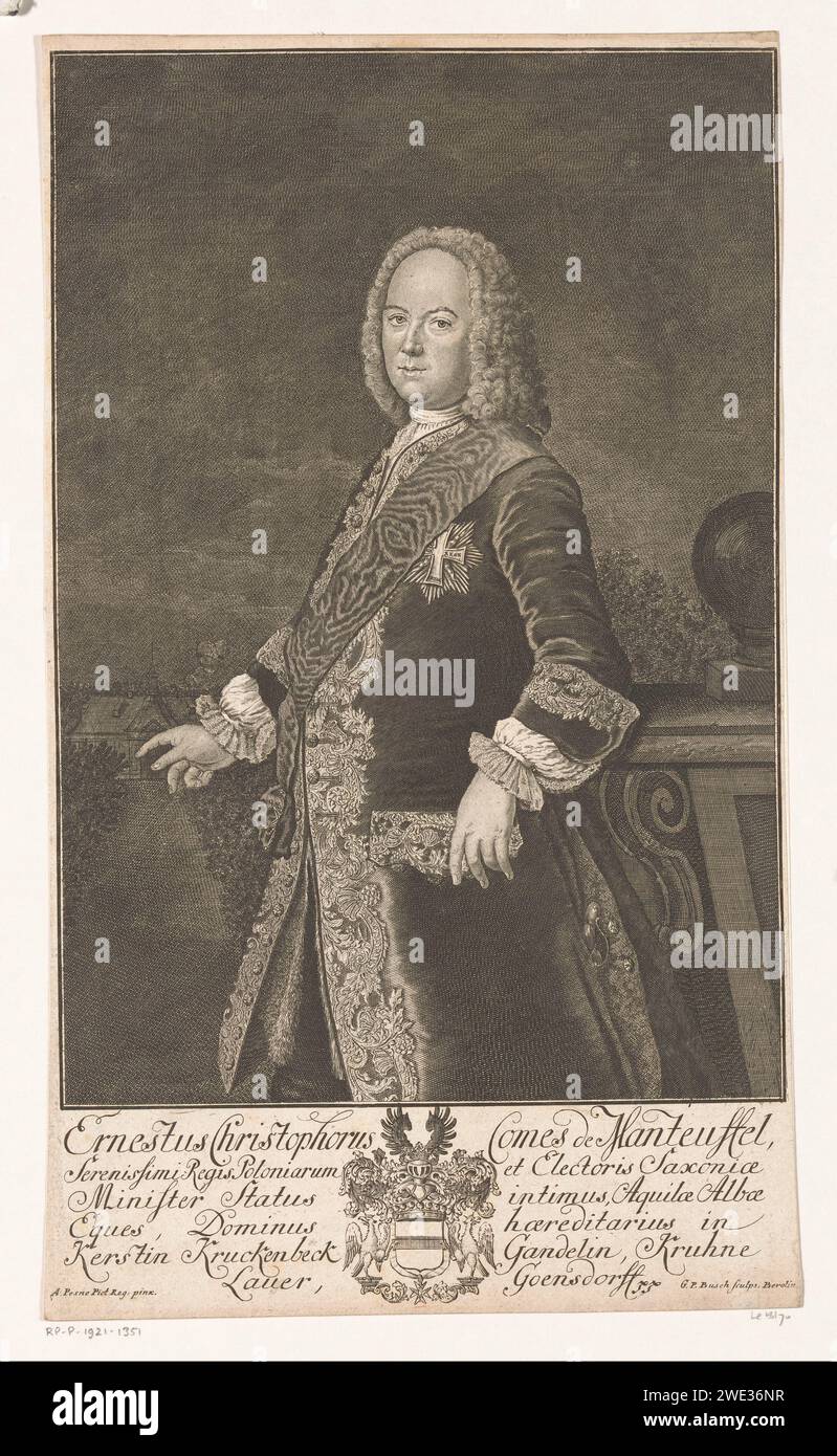 PortraT van Ernst Christoph, Reichsgraf von Manteuffel, Georg Paul Busch, nach Anthle Antoine Pesne, 1719 - 1756 Druck Berlin Papierätzung / Gravur historischer Personen. Waffenlager, Heraldik. Ritterorden. Ländliche Wohnungen, z. B. Landhaus, Villa, Ferienhaus Stockfoto
