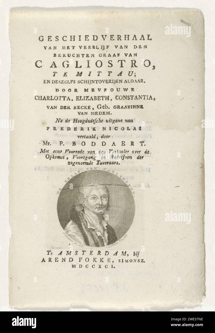 Portret van Alessandro Cagliostro, 1791 gedrucktes Porträtmedaillon des italienischen Abenteurers Alessandro Cagliostro. Bust nach rechts, barfuß. Oben und unterhalb des Medaillons ist niederländischer Text im Buchdruck, also auch auf Versozijde. Amsterdamer Papierätzung/Buchdruck Stockfoto