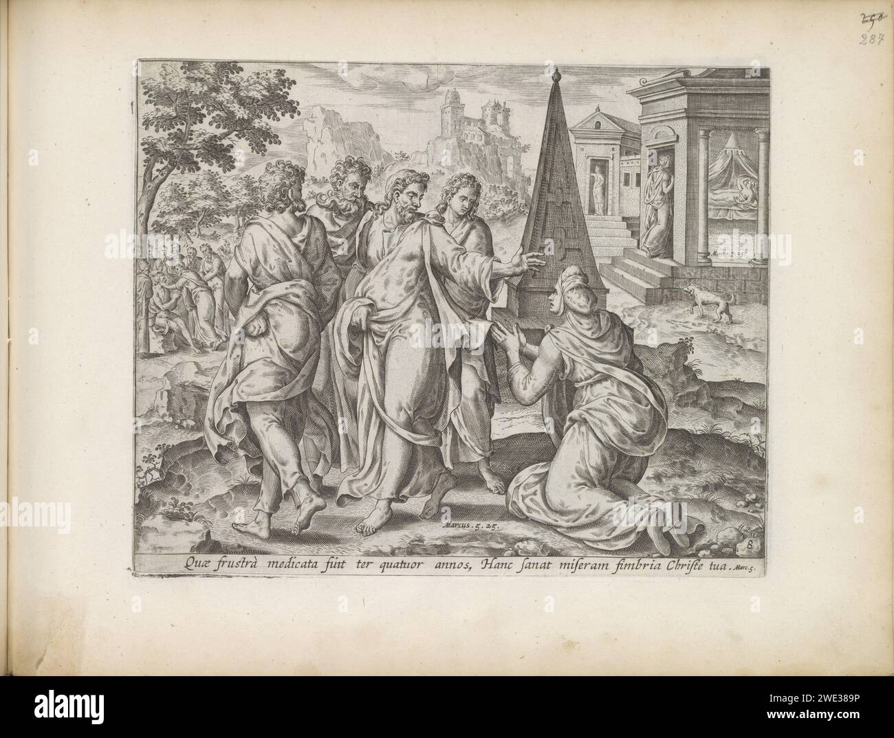 Christus heilt eine Frau, die an Blutverlust leidet, 1643 Druck Eine Frau, die an Blutungen für Christus litt. Sie wurde geheilt, als sie seinen Teppich berührte. Christus wendet sich ihr zu. Die Frau betritt ein Haus auf der rechten Seite im Hintergrund. Links im Hintergrund heilt Christus einen Blinden. Unter der Aufführung ist ein lateinischer Verweis auf den Bibeltext in Marz 5,25 zu finden. Dieser Ausdruck ist Teil eines Albums. Amsterdamer Papiergravur Heilung einer Frau mit Blutausgabe: Sie kniet vor Christus, nachdem sie sein Gewand berührt hat (Matthäus 9:20-22; Markus 5:25-34; Lukas 8:43-48) Stockfoto