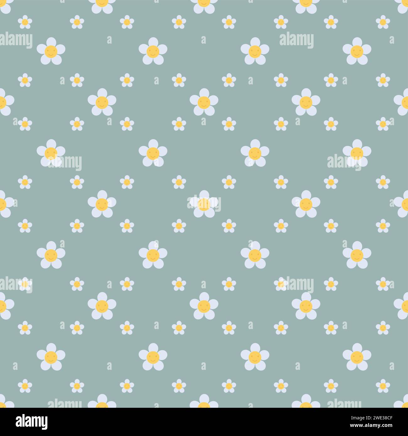 Minimales nahtloses Daisy-Muster auf blauem Hintergrund. Blumenmuster mit kleinen weißen Blüten. Das Kamillendesign eignet sich hervorragend für modische Stoffe und trendige Texti Stock Vektor