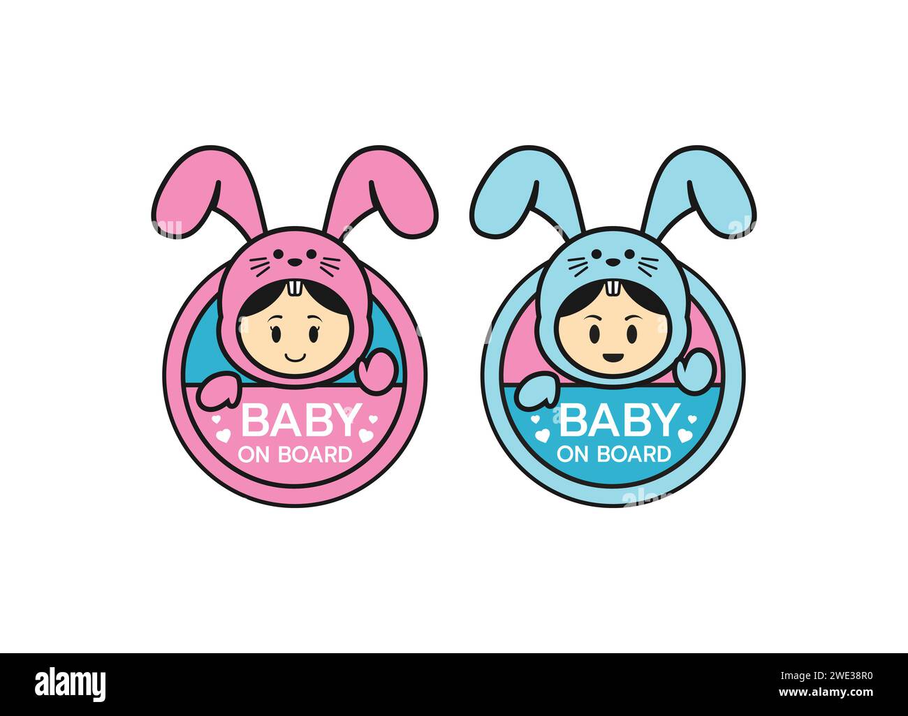 Logo-Symbol für das Baby-an-Bord-Schild. Warnemblem für Kindersicherheitsaufkleber. Niedliche Baby-Sicherheitsdesign-Illustration, lustiger kleiner lächelnder Junge und Mädchen, der Häschen trägt Stock Vektor