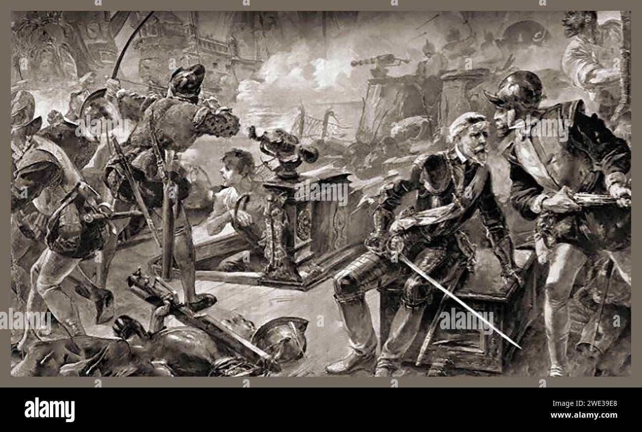 Schlacht von Flores, Azoren - Admiral Sir Richard Grenville (1542–1591), auch Greynvile, Greeneville, und Greenfield wird auf der „Rache“ während des Marineangriffs während der Bretagne-Kampagne des Anglo-Spanischen Krieges (1591) gesehen. - Batalla de Flores, Azoren - El almirante Sir Richard Grenville (1542–1591), también escrito Greynvile, Greeneville y Greenfield, aparece en el 'Revenge' durante el compromiso Naval durante la Campaña Bretaña de la Guerra Anglo-Española (1591). Stockfoto