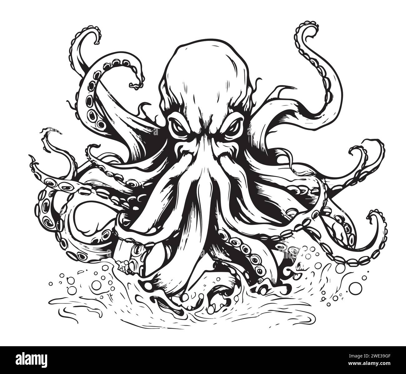 kraken-skizze-hand-gezeichnet-gravur-stil-unterwasser-tiere-vektor