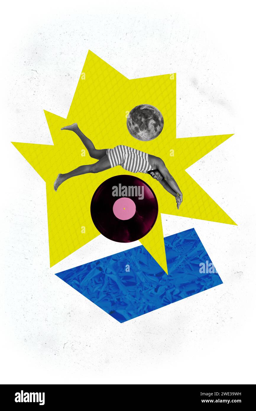 Kreative abstrakte Vorlage Grafiken Collage Bild des lustigen Funky Guy genießen Resort Urlaub isolierte weiße Farbe Hintergrund Stockfoto