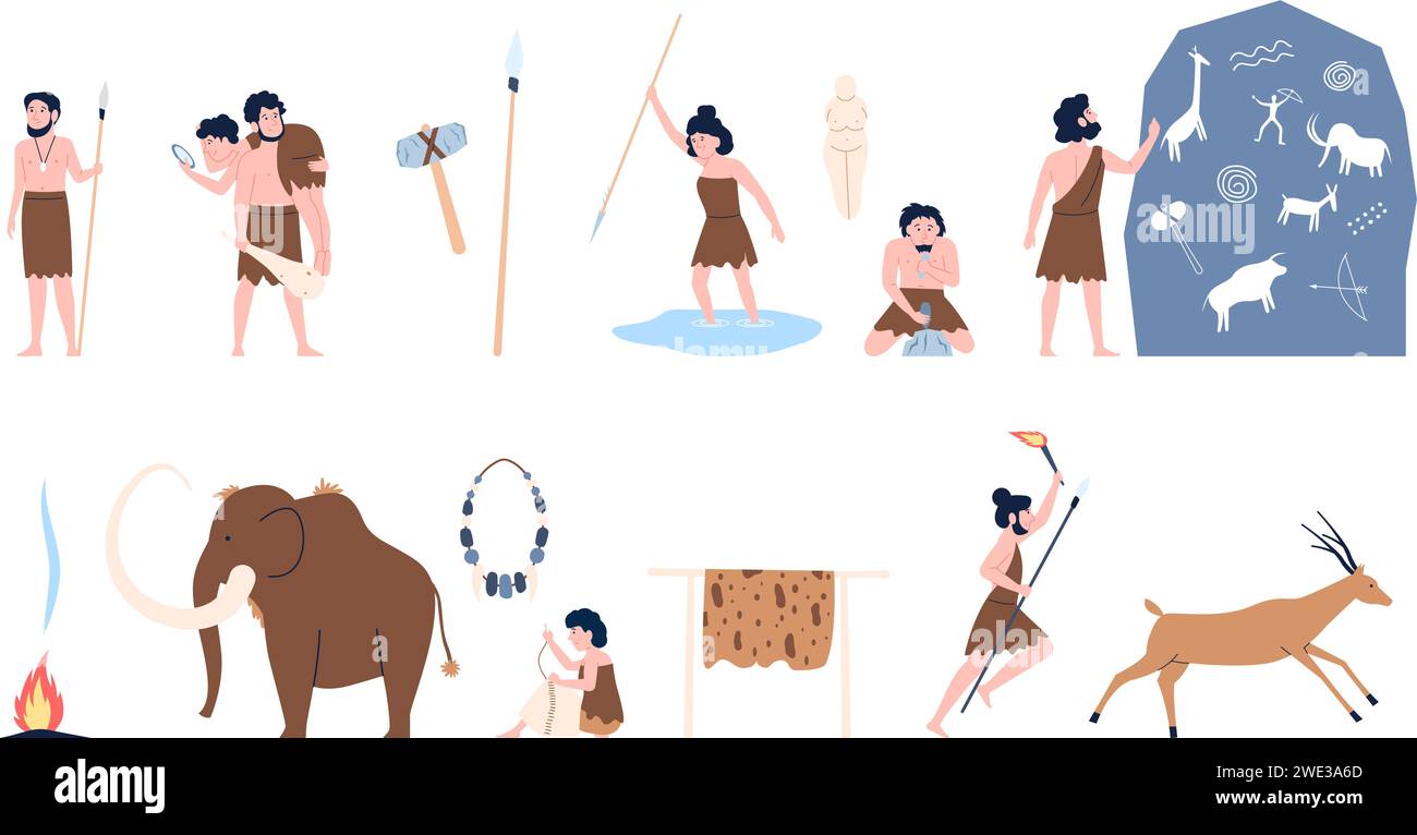 Steinzeitliche Zeichen. Prähistorische Menschen und ihre Häuser, Höhlen und das tägliche Leben. Primitive Jäger mit Werkzeugen, Haushalts- und Wildtiere, neuerdings Stock Vektor